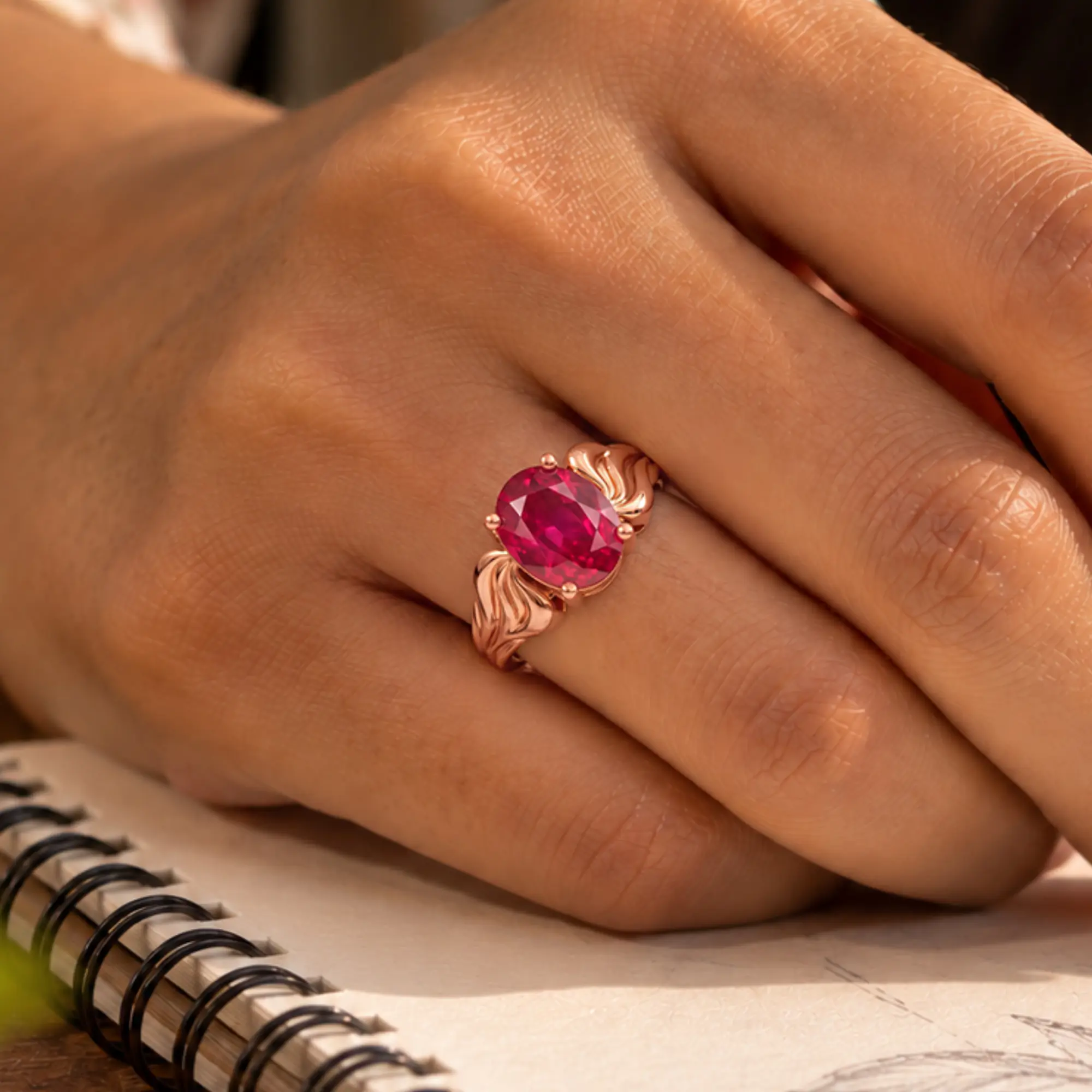 Ruby (Manik) Ring for Women in 18K Rose Gold – Oval 9x8 mm, Prong Setting, 4 g (Design K17A-2) thumbnail