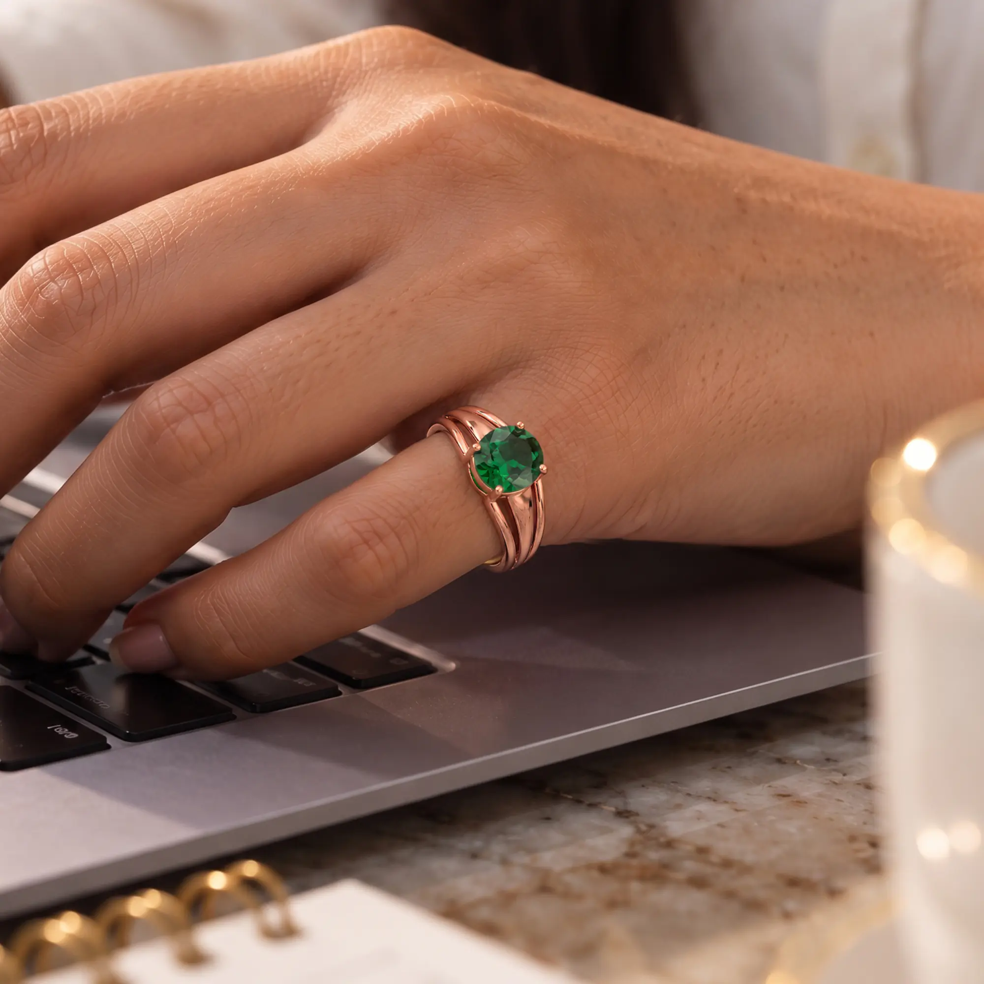 Emerald (Panna) Ring for Women in 18K Rose Gold – Oval 9x8 mm, Prong Setting, 4 g (Design K17A-3) thumbnail