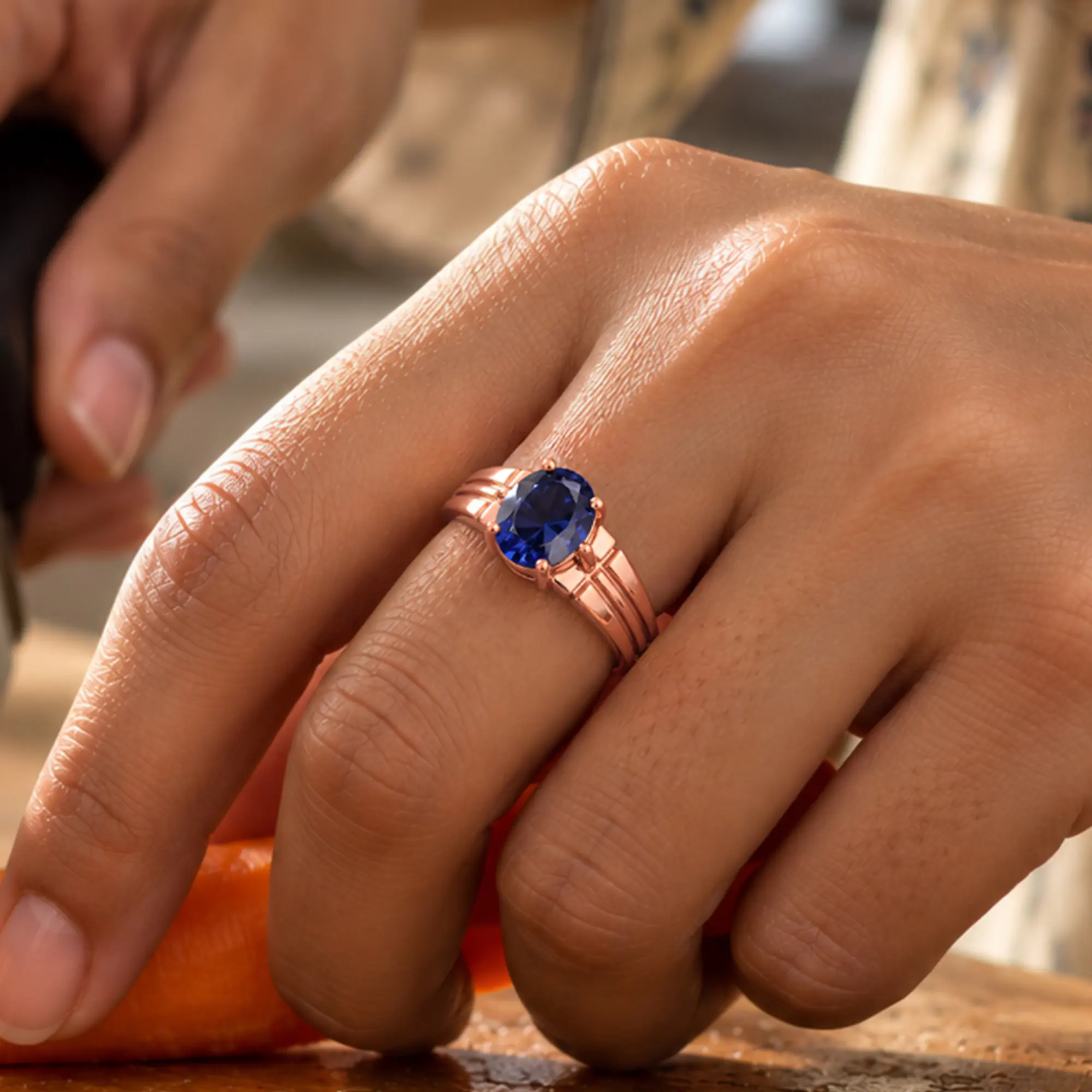 Blue Sapphire (Neelam) Ring for Women in 18K Rose Gold – Oval 9x8 mm, Prong Setting, 5 g (Design K17A-4) thumbnail