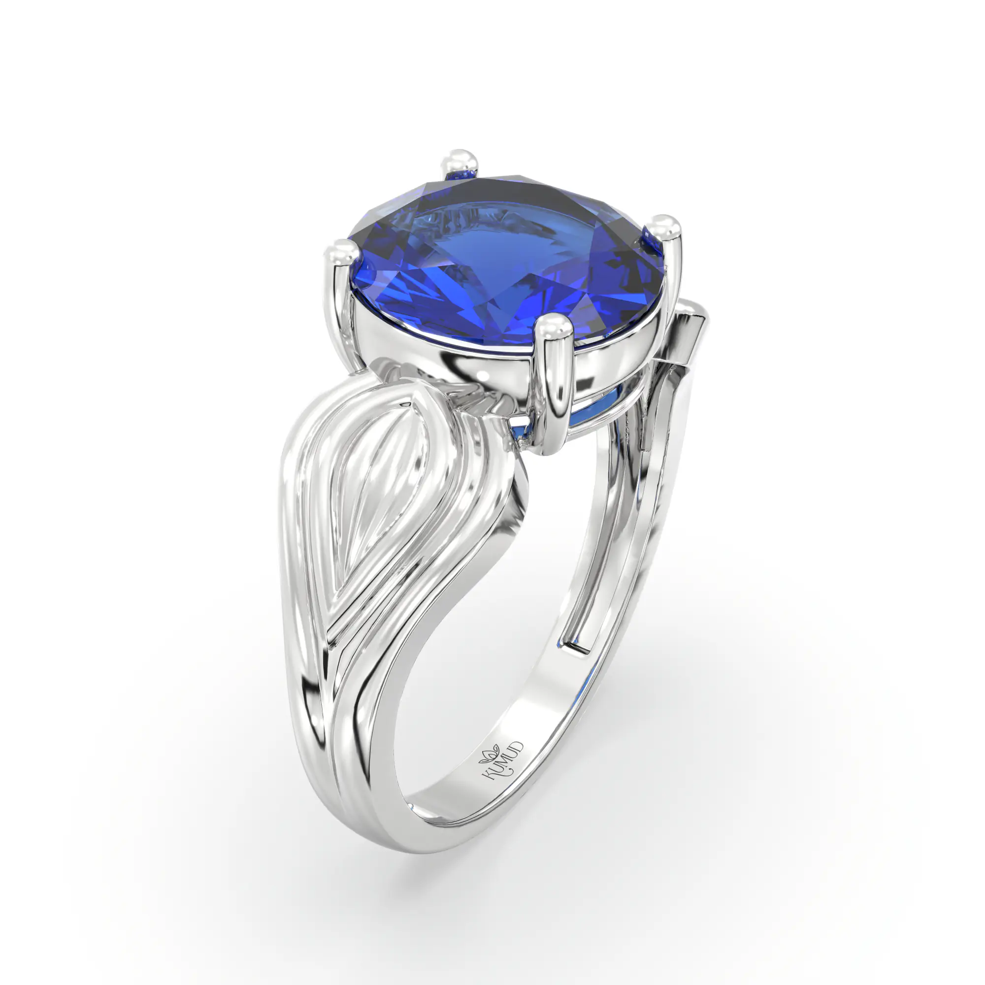 Blue Sapphire (Neelam) Ring for Women in 18K White Gold – Oval 9x8 mm, Prong Setting, 4 g (Design K17A-8) thumbnail