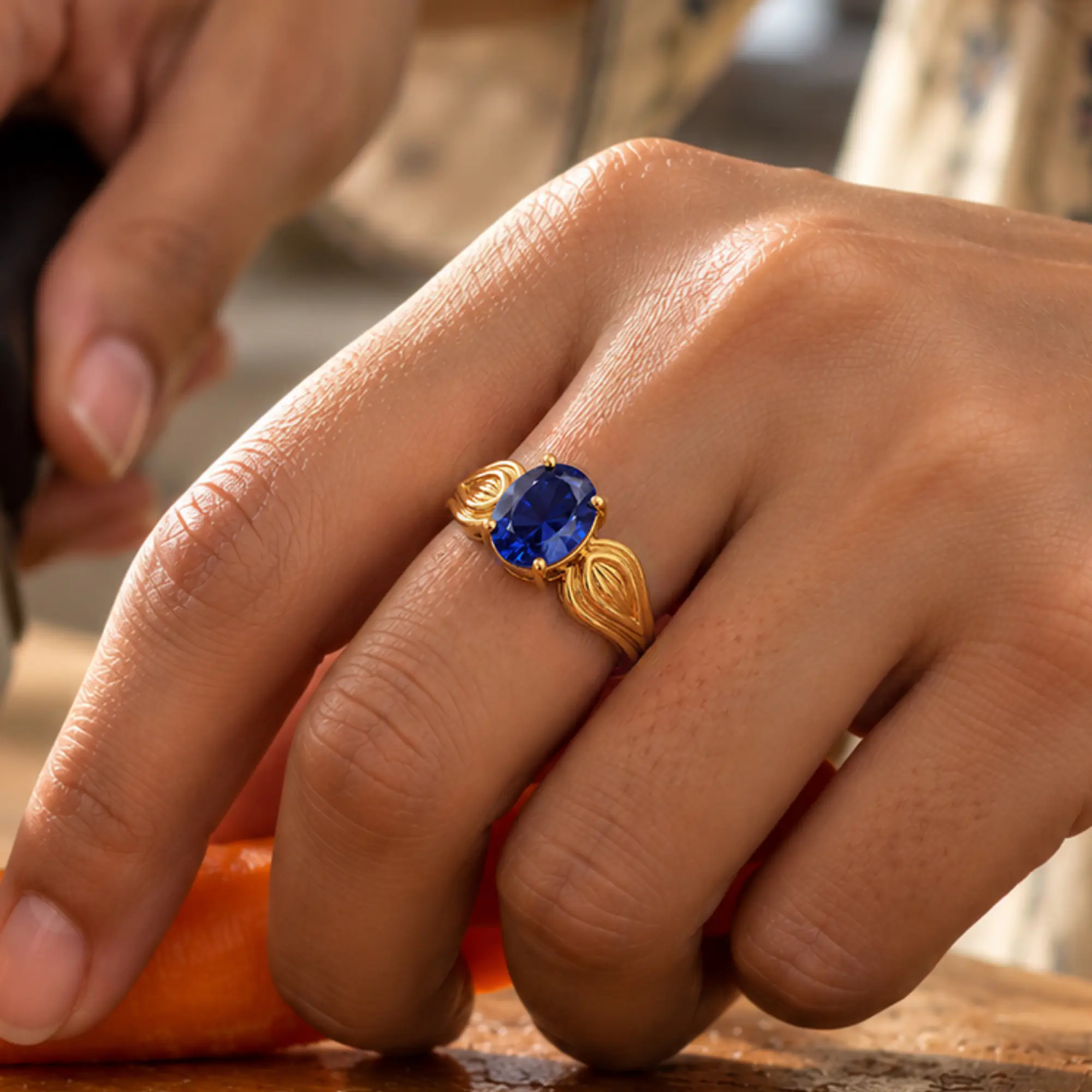 Blue Sapphire (Neelam) Ring for Women in 22K Yellow Gold – Oval 9x8 mm, Prong Setting, 4 g (Design K17A-8) thumbnail