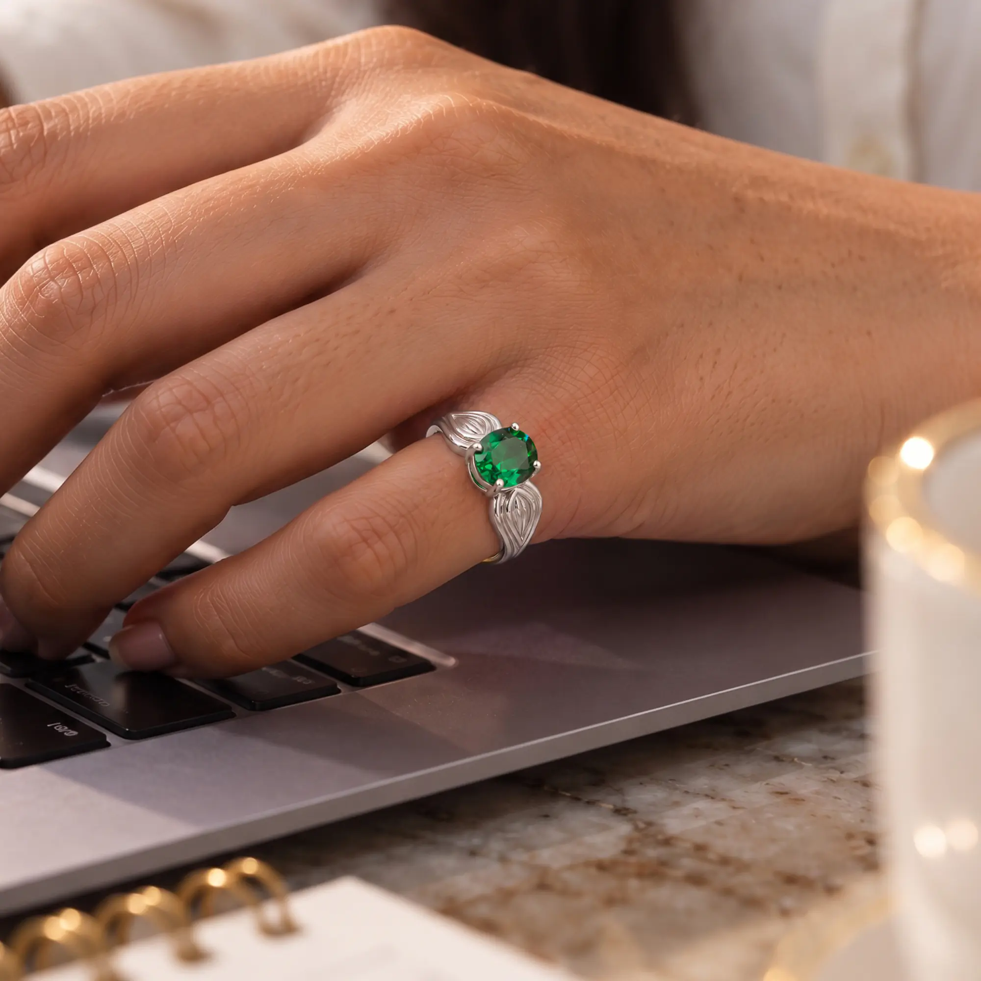 Emerald (Panna) Ring for Women in 18K White Gold – Oval 9x8 mm, Prong Setting, 4 g (Design K17A-8) thumbnail