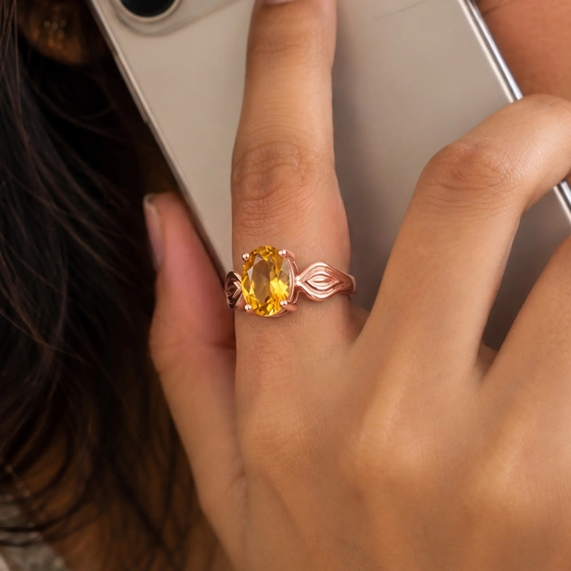 Yellow Sapphire (Pukhraj) Ring for Women in 18K Rose Gold – Oval 9x8 mm, Prong Setting, 4 g (Design K17A-8) thumbnail