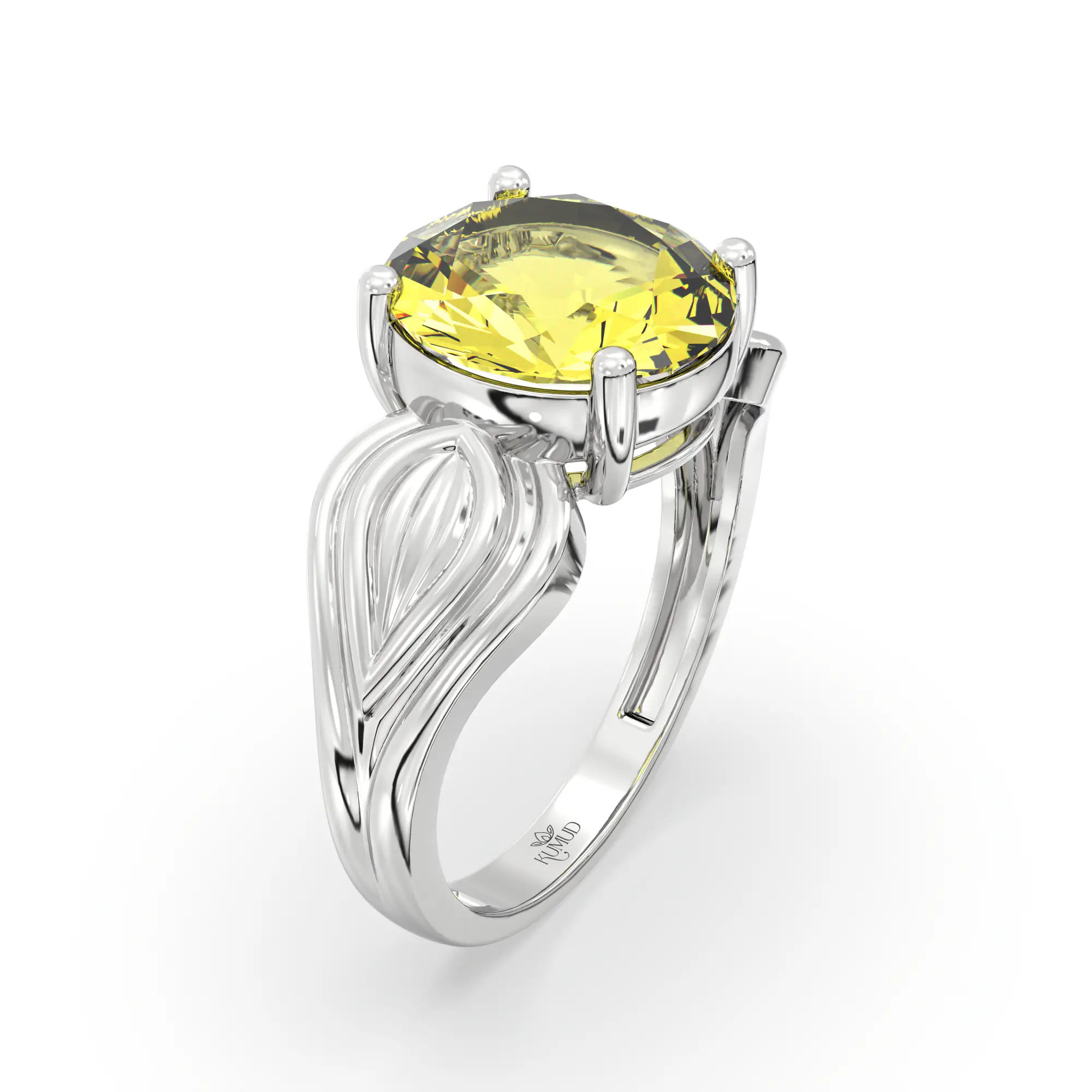 Yellow Sapphire (Pukhraj) Ring for Women in 18K White Gold – Oval 9x8 mm, Prong Setting, 4 g (Design K17A-8) thumbnail