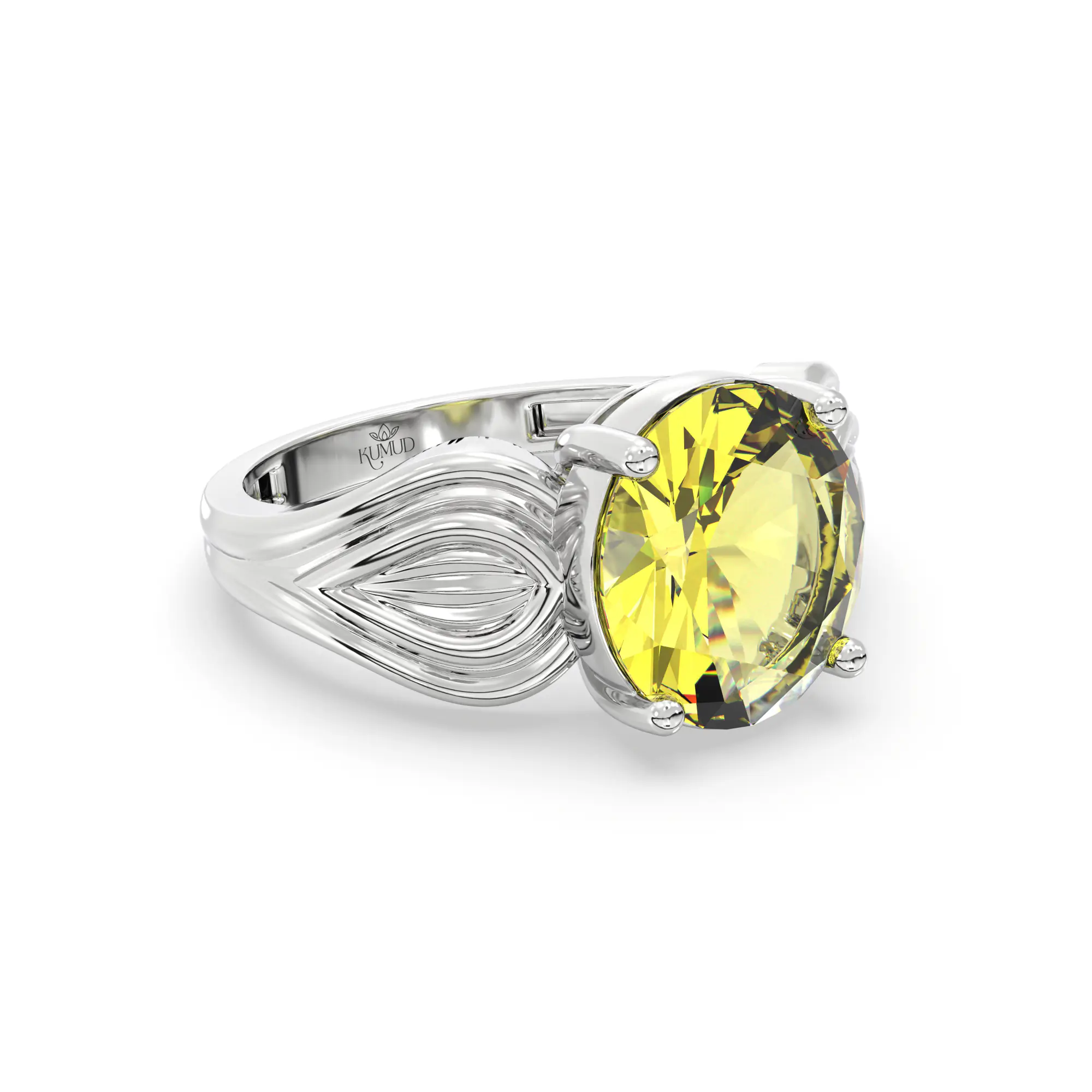 Yellow Sapphire (Pukhraj) Ring for Women in 18K White Gold – Oval 9x8 mm, Prong Setting, 4 g (Design K17A-8) thumbnail