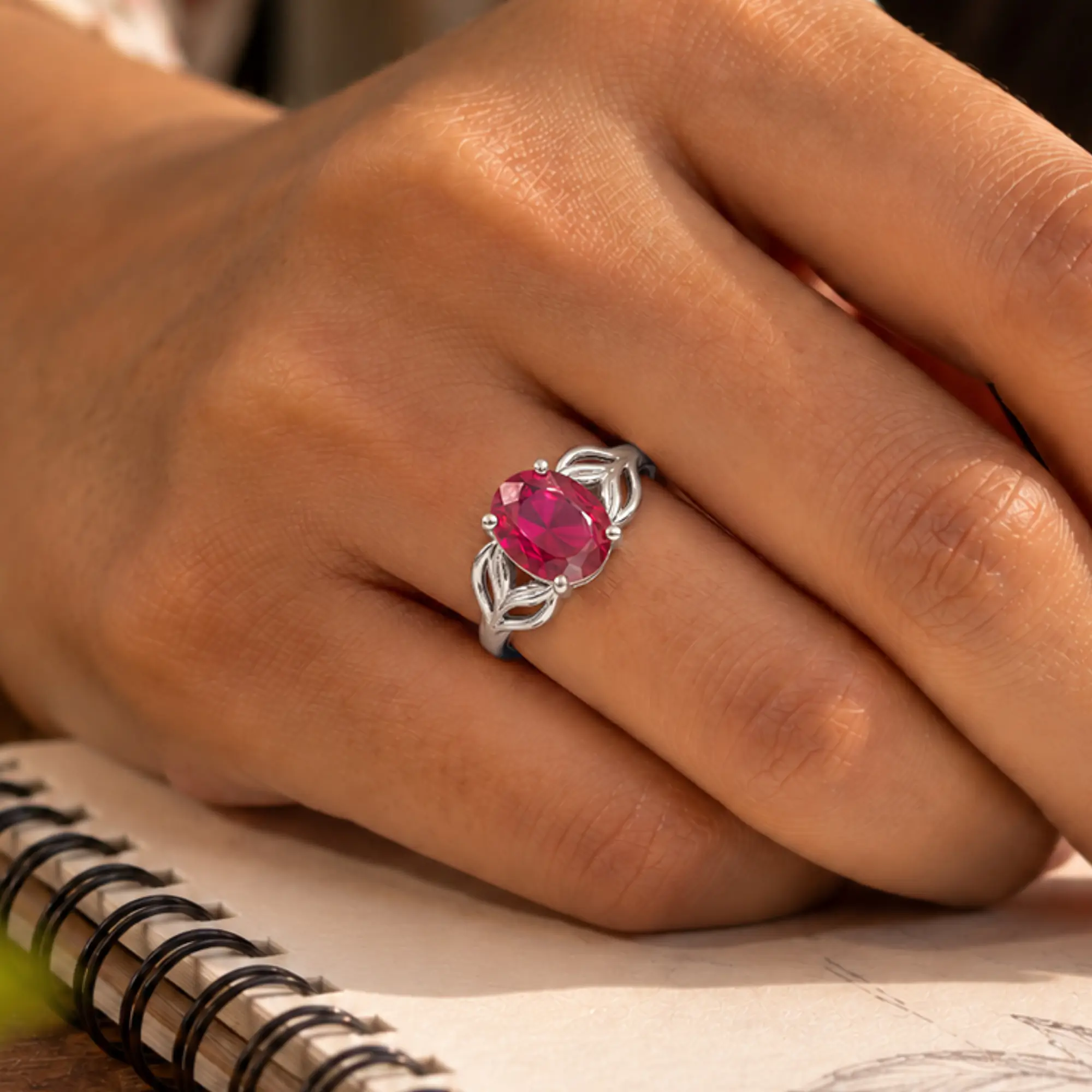 Ruby (Manik) Ring for Women in 18K White Gold – Oval 9x8 mm, Prong Setting, 4 g (Design K17A-10) thumbnail