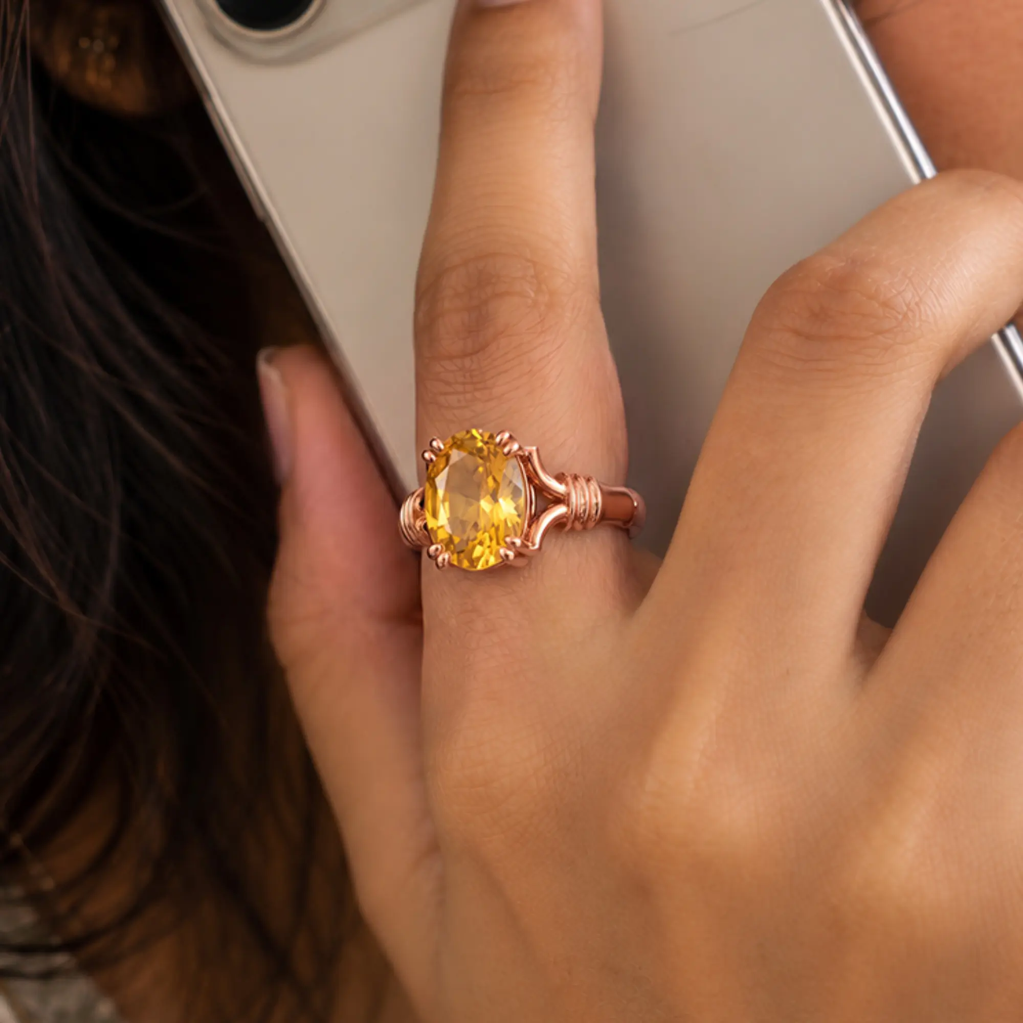 Yellow Sapphire (Pukhraj) Ring for Women in 18K Rose Gold – Oval 9x8 mm, Prong Setting, 5 g (Design K17A-11) thumbnail