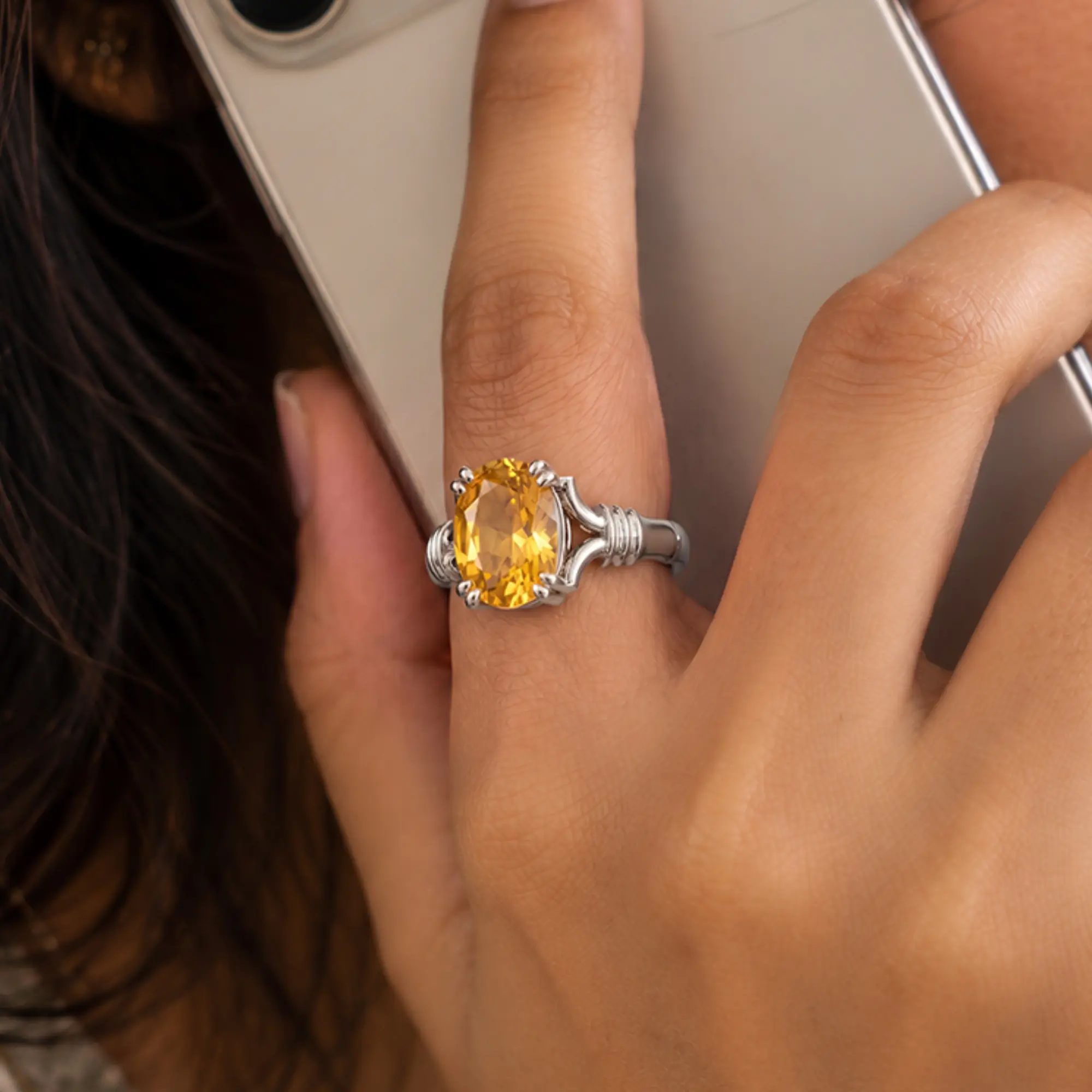 Yellow Sapphire (Pukhraj) Ring for Women in 18K White Gold – Oval 9x8 mm, Prong Setting, 5 g (Design K17A-11) thumbnail