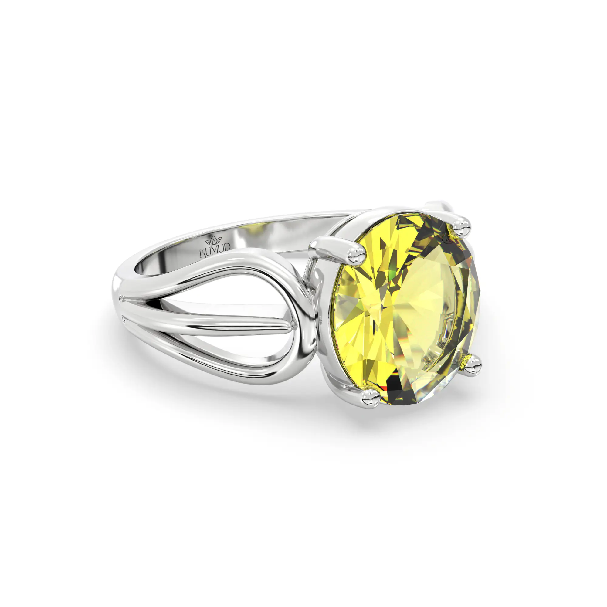 Yellow Sapphire (Pukhraj) Ring for Women in 18K White Gold – Oval 9x8 mm, Prong Setting, 5 g (Design K17A-13) thumbnail