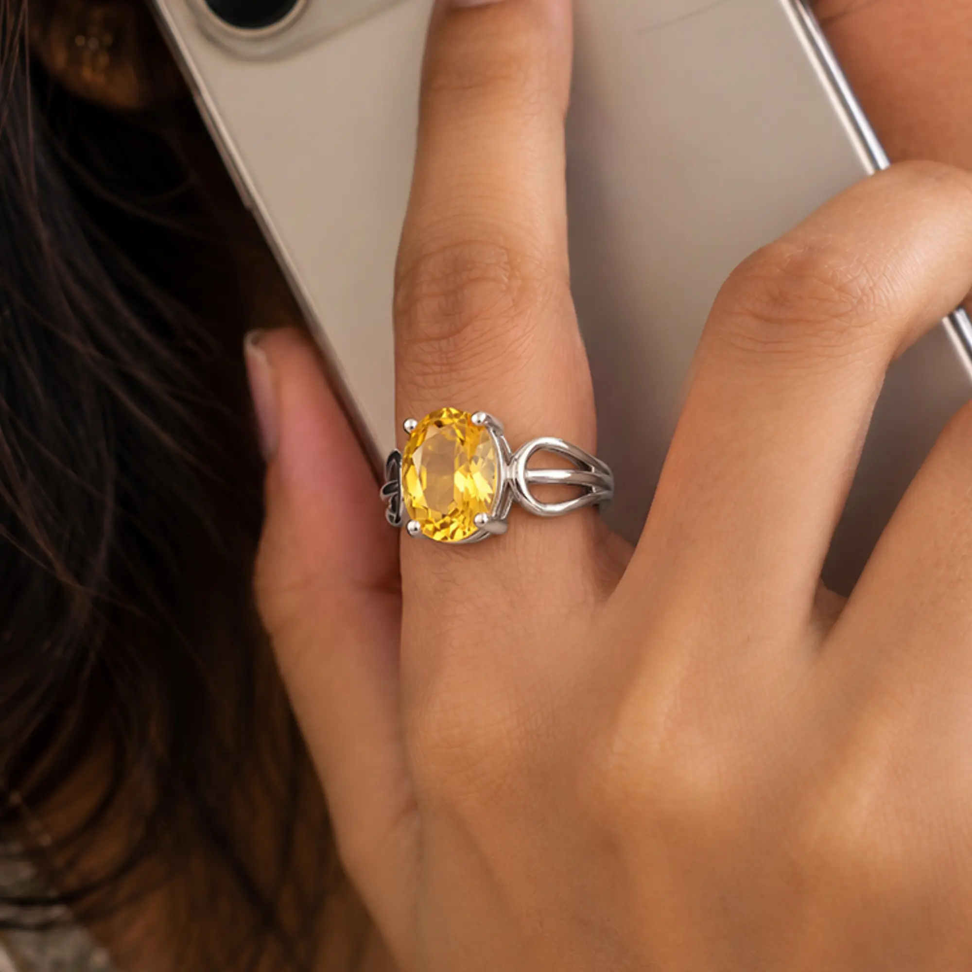 Yellow Sapphire (Pukhraj) Ring for Women in 18K White Gold – Oval 9x8 mm, Prong Setting, 5 g (Design K17A-13) thumbnail