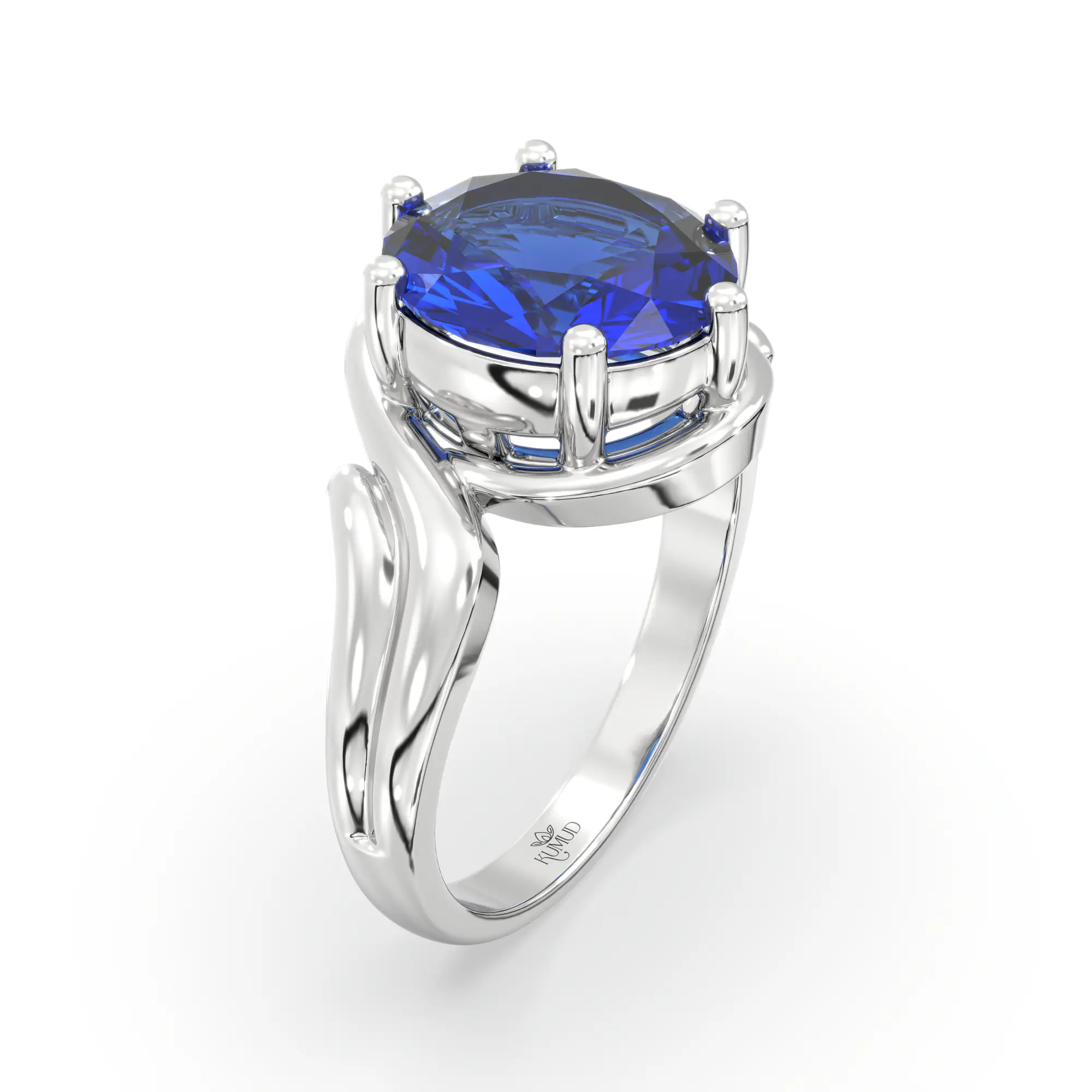 Blue Sapphire (Neelam) Ring for Women in 18K White Gold – Oval 9x8 mm, Prong Setting, 6 g (Design K17A-14) thumbnail