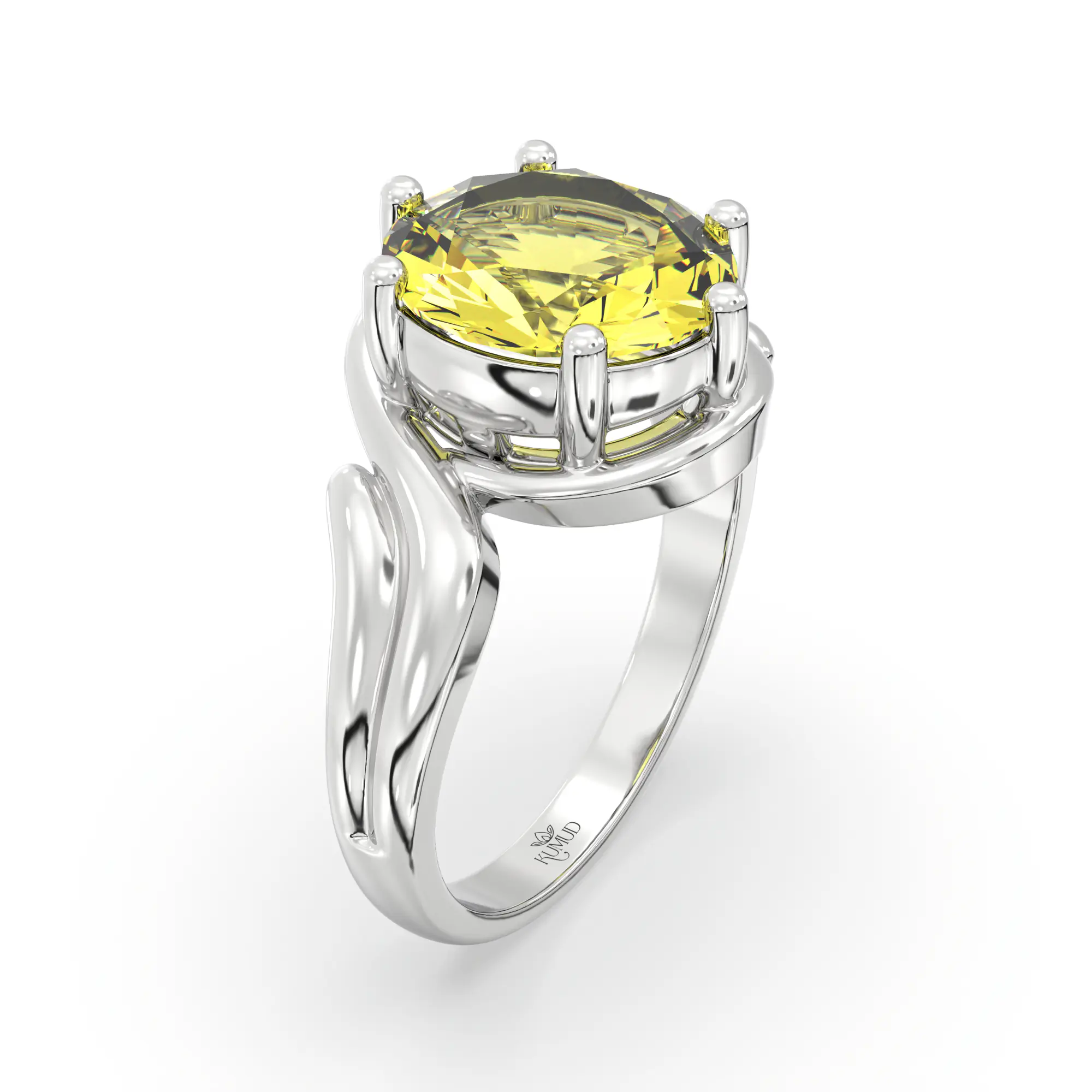 Yellow Sapphire (Pukhraj) Ring for Women in 18K White Gold – Oval 9x8 mm, Prong Setting, 6 g (Design K17A-14) thumbnail