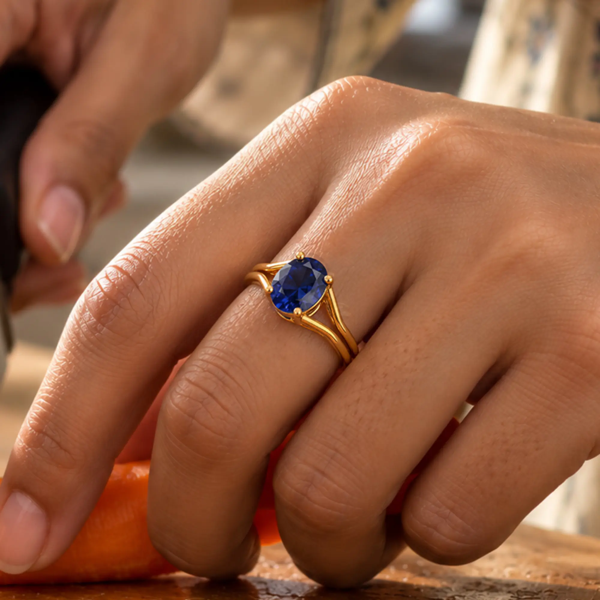Blue Sapphire (Neelam) Ring for Women in 22K Yellow Gold – Oval 9x8 mm, Prong Setting, 5 g (Design K17A-15) thumbnail