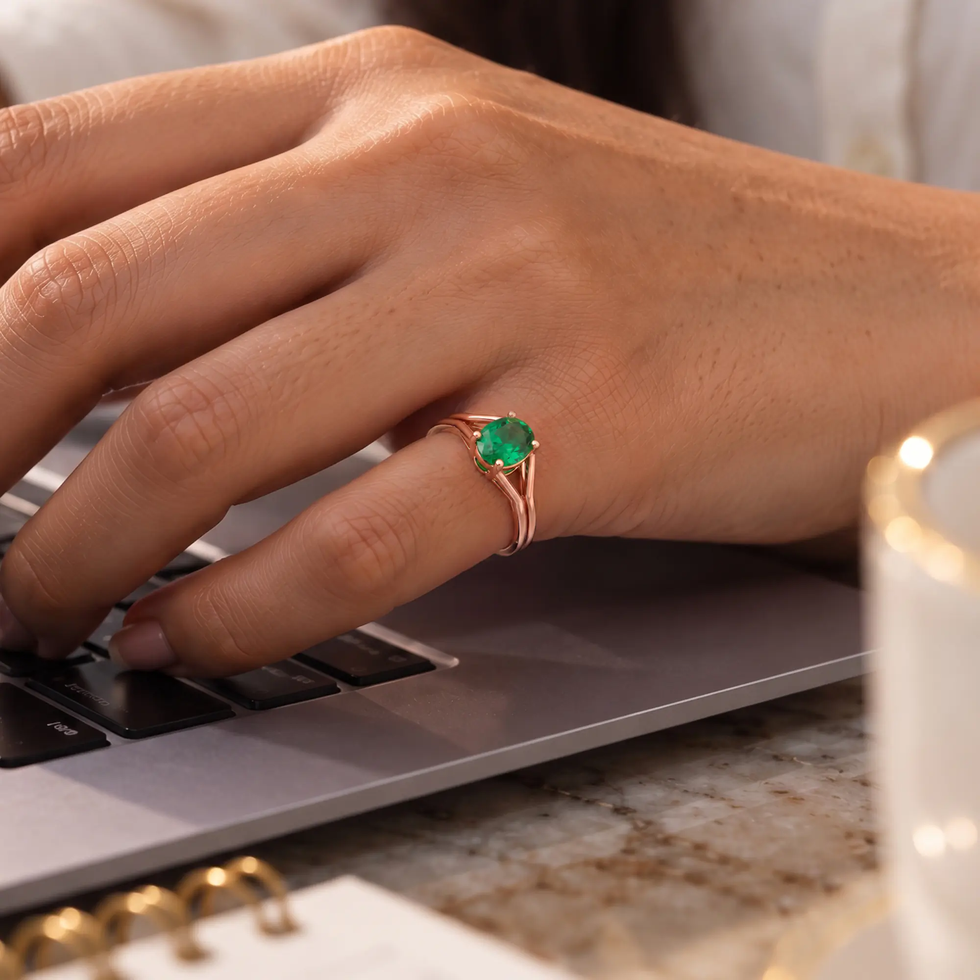Emerald (Panna) Ring for Women in 18K Rose Gold – Oval 9x8 mm, Prong Setting, 5 g (Design K17A-15) thumbnail