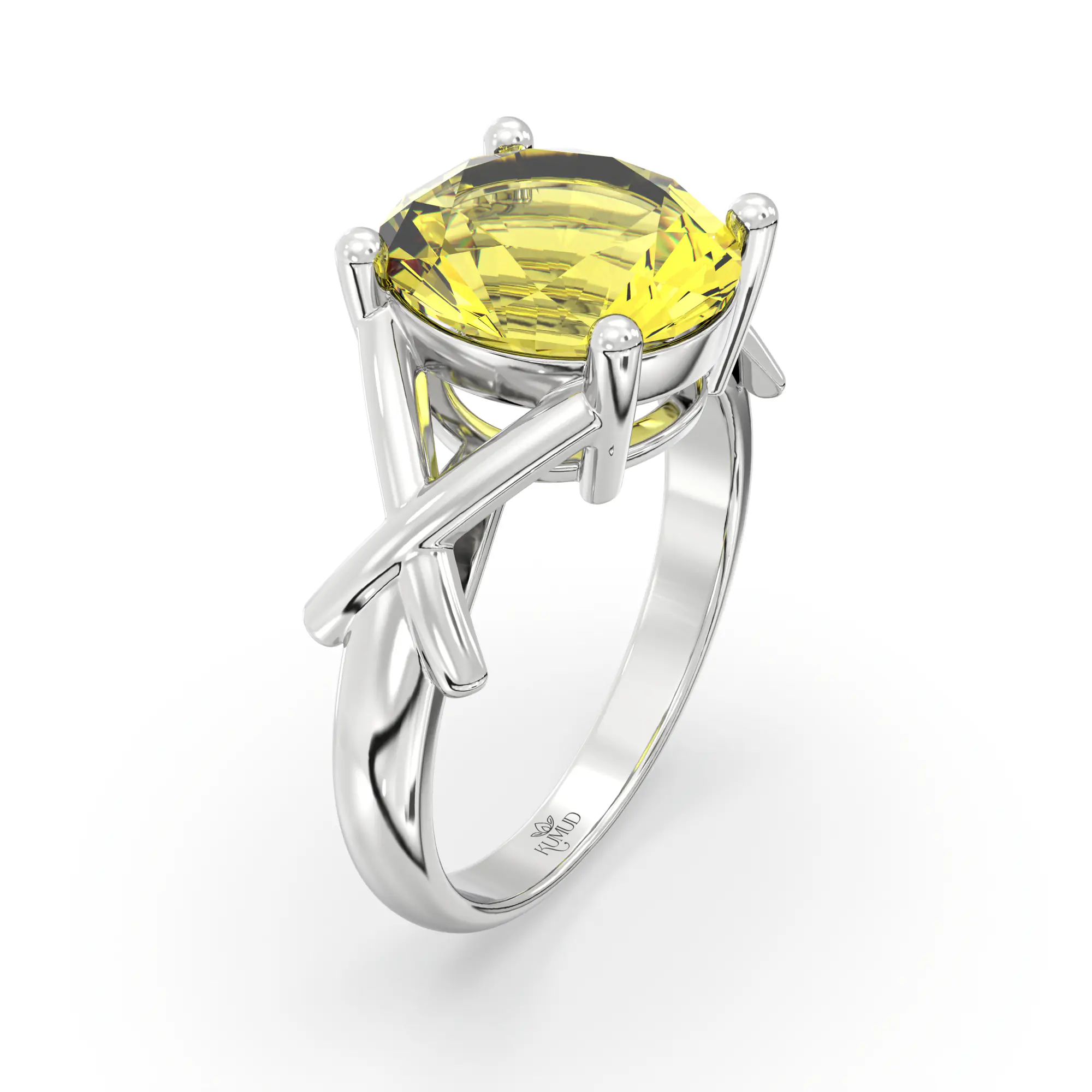 Yellow Sapphire (Pukhraj) Ring for Women in 18K White Gold – Oval 9x8 mm, Prong Setting, 5 g (Design K17A-16) thumbnail