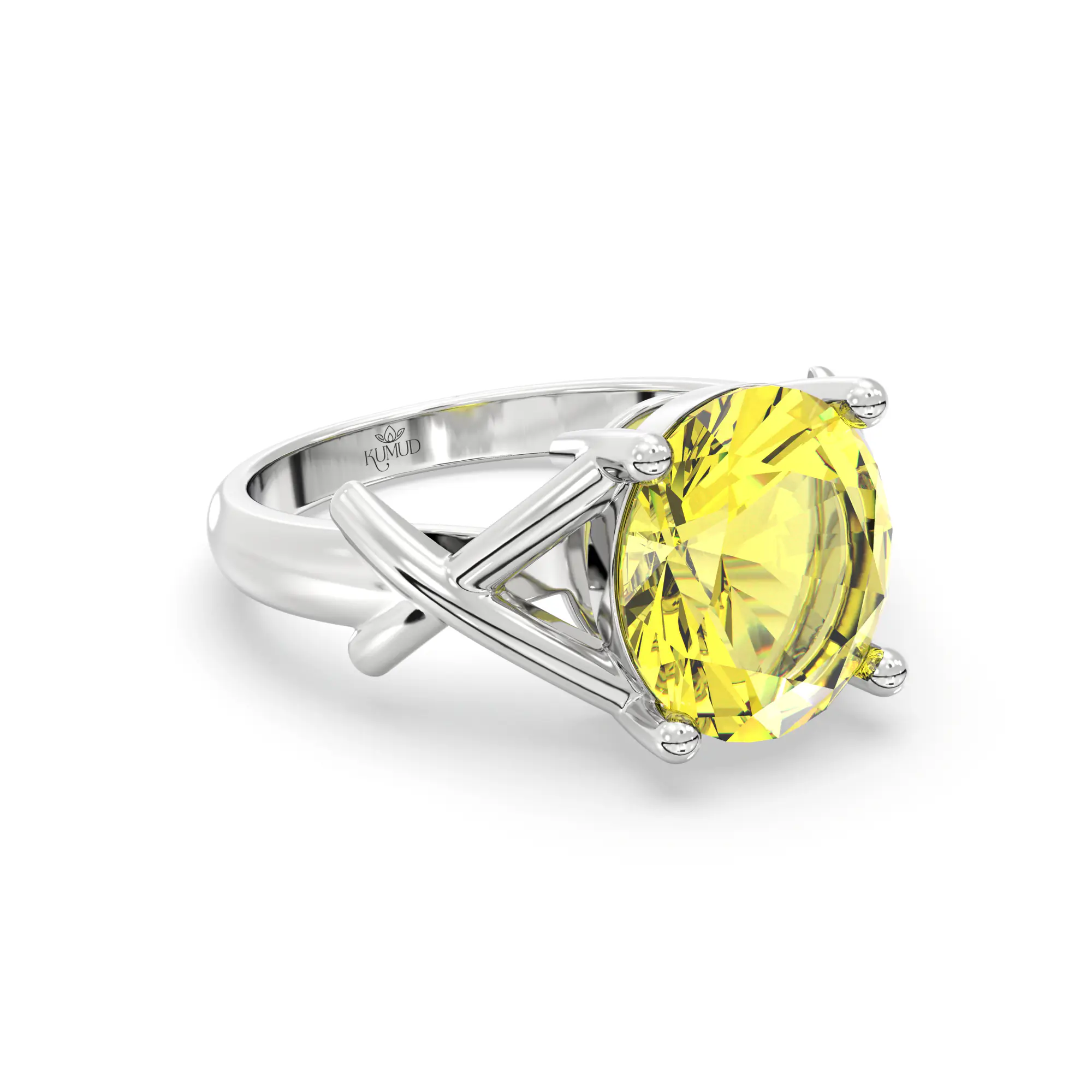 Yellow Sapphire (Pukhraj) Ring for Women in 18K White Gold – Oval 9x8 mm, Prong Setting, 5 g (Design K17A-16) thumbnail