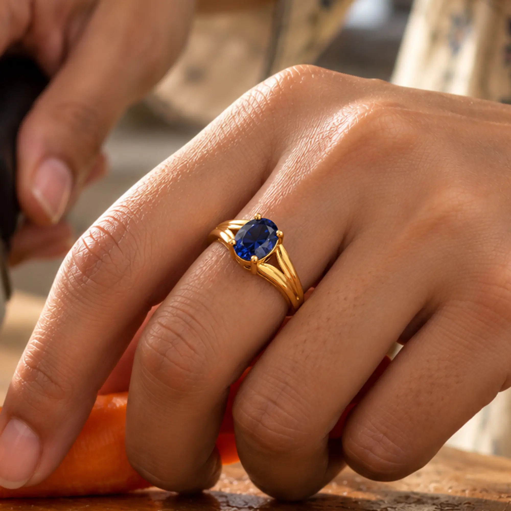 Blue Sapphire (Neelam) Ring for Women in 22K Yellow Gold – Oval 9x8 mm, Prong Setting, 4 g (Design K17A-18) thumbnail
