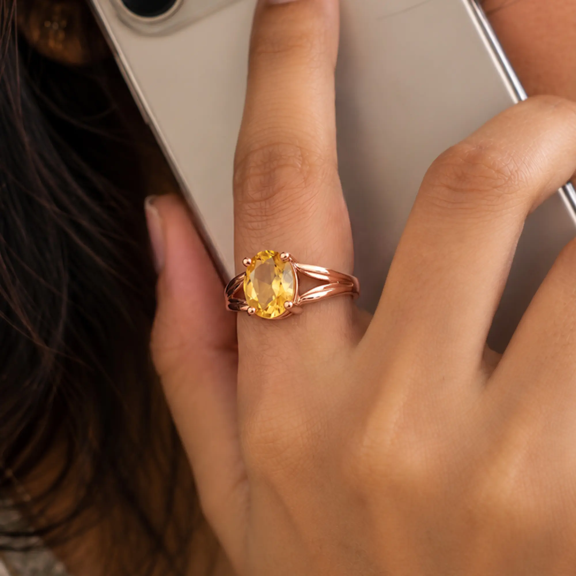 Yellow Sapphire (Pukhraj) Ring for Women in 18K Rose Gold – Oval 9x8 mm, Prong Setting, 4 g (Design K17A-18) thumbnail