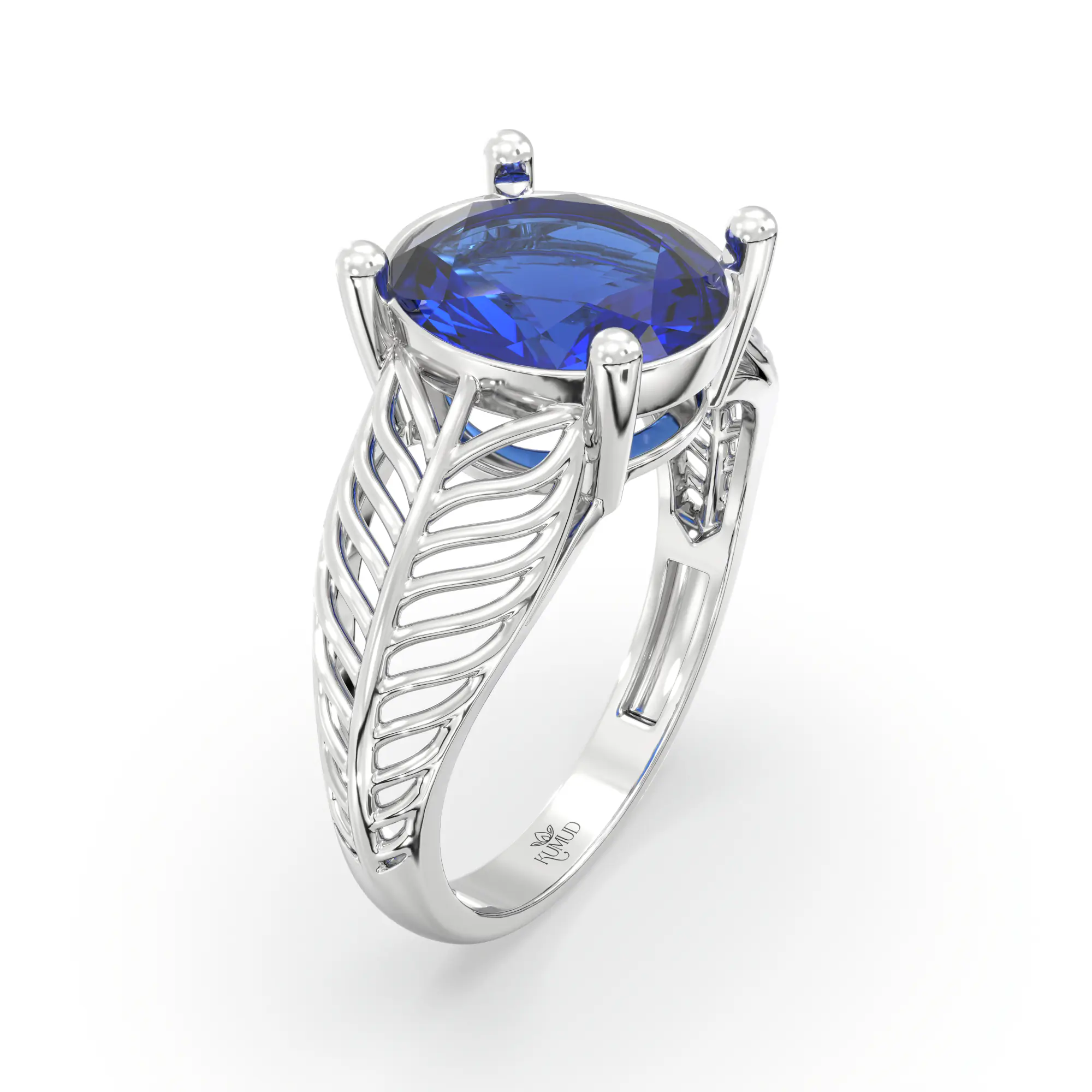 Blue Sapphire (Neelam) Ring for Women in 18K White Gold – Oval 9x8 mm, Prong Setting, 4 g (Design K17A-19) thumbnail