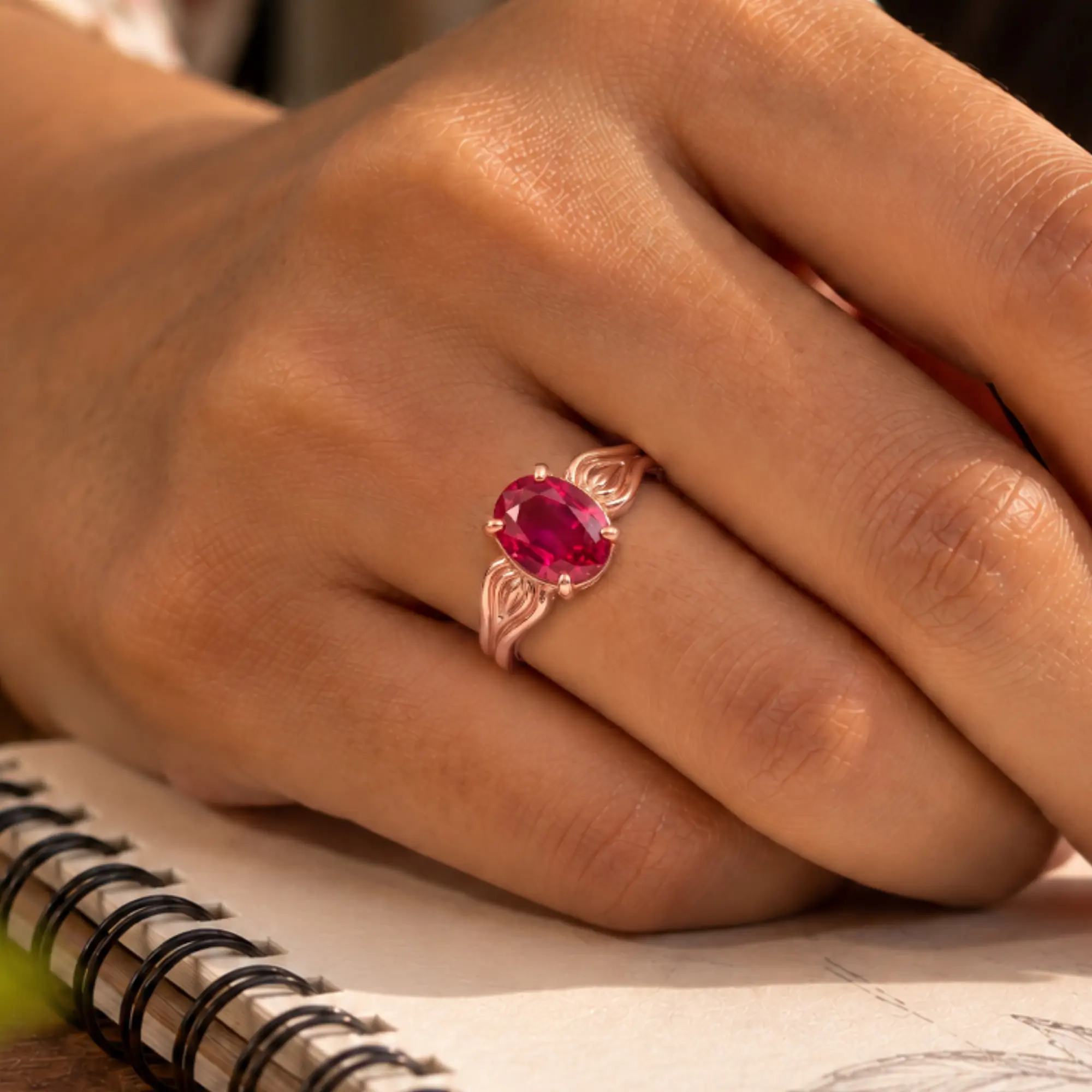 Ruby (Manik) Ring for Women in 18K Rose Gold – Oval 9x8 mm, Prong Setting, 5 g (Design K17A-22) thumbnail