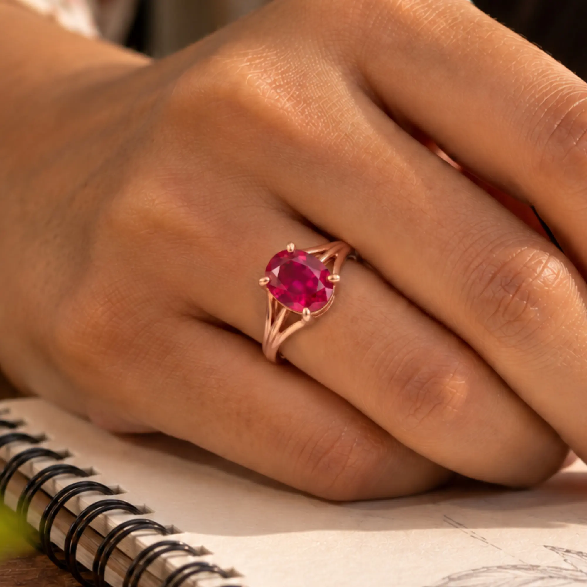 Ruby (Manik) Ring for Women in 18K Rose Gold – Oval 9x8 mm, Prong Setting, 4 g (Design K17A-23) thumbnail