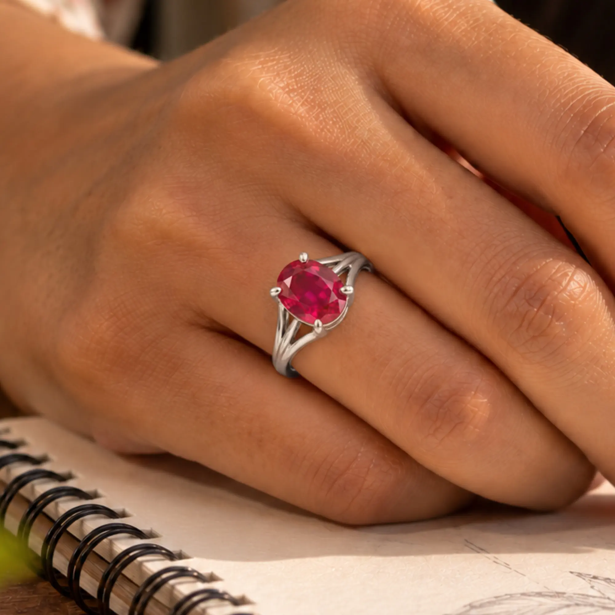 Ruby (Manik) Ring for Women in 18K White Gold – Oval 9x8 mm, Prong Setting, 4 g (Design K17A-23) thumbnail