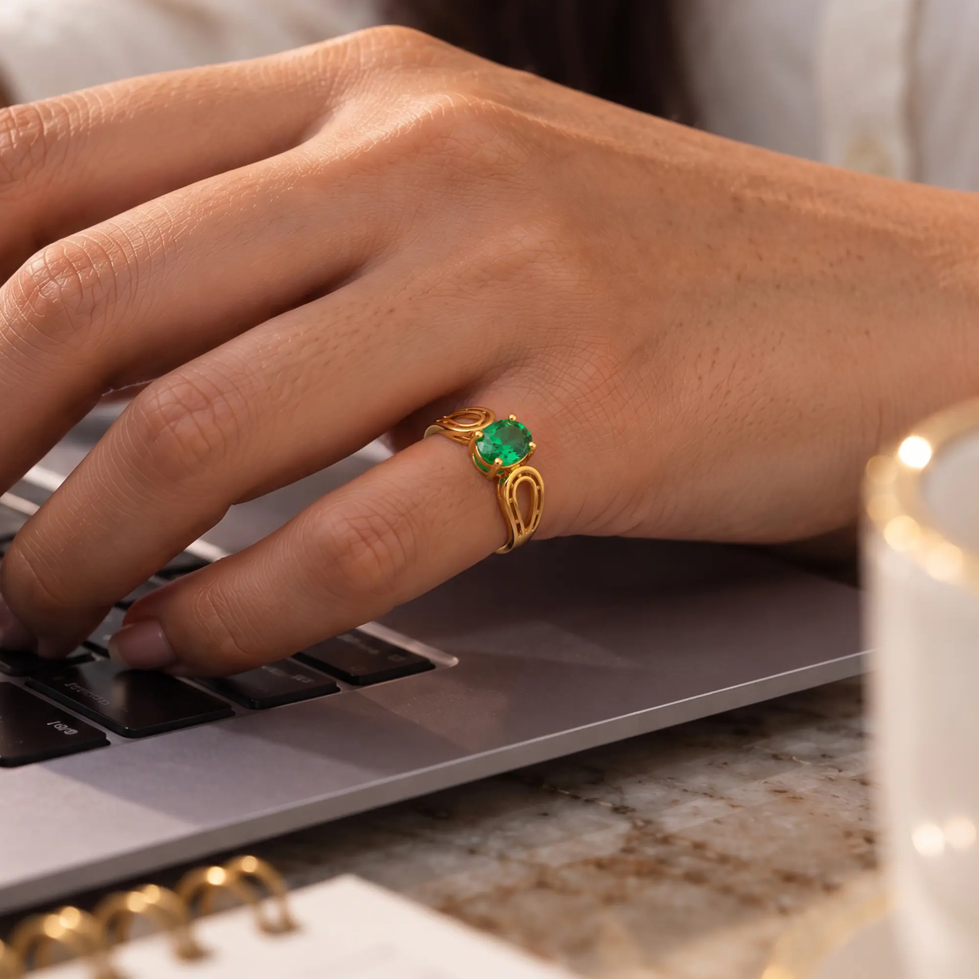Emerald (Panna) Ring for Women in 22K Yellow Gold – Oval 9x8 mm, Prong Setting, 4 g (Design K17A-24) thumbnail