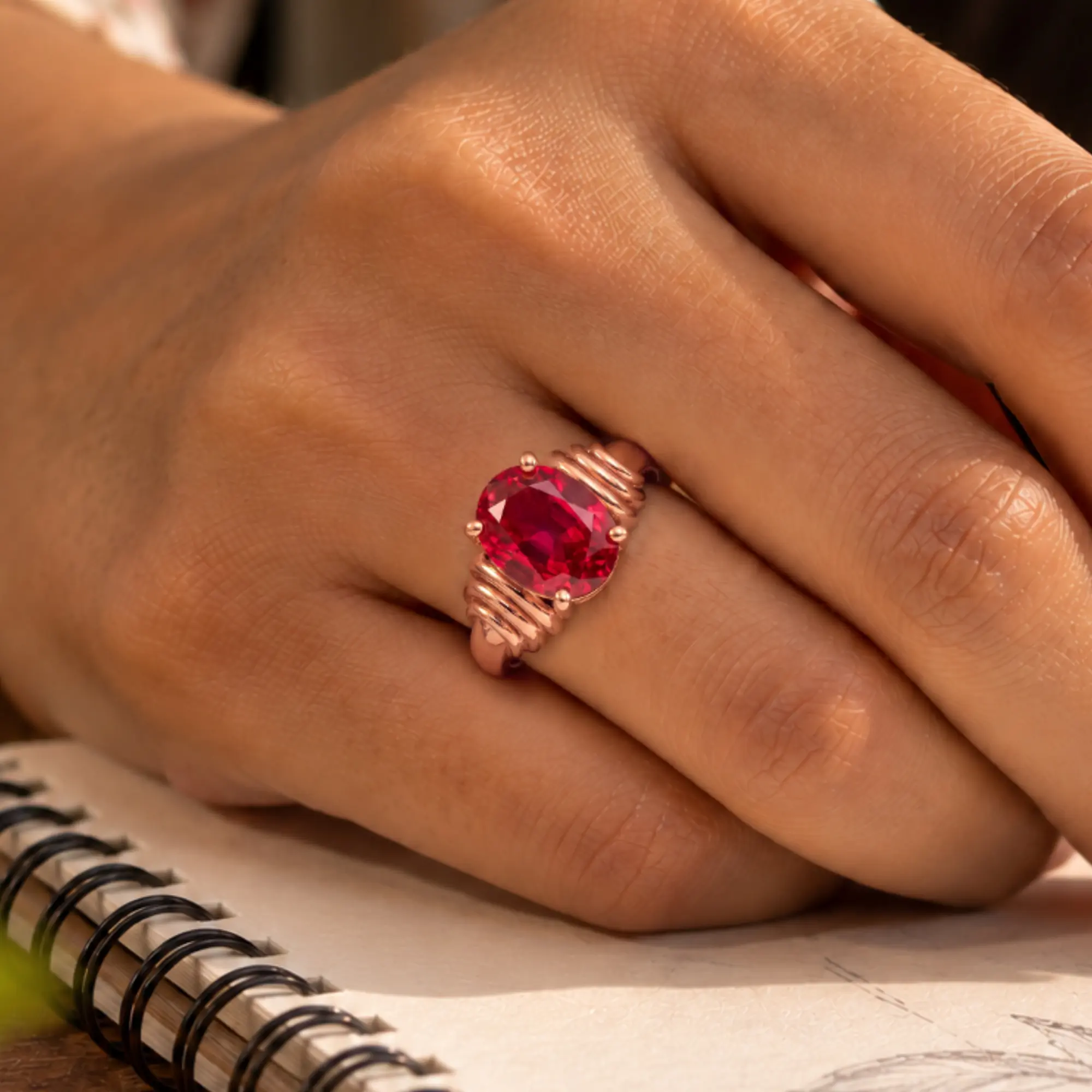 Ruby (Manik) Ring for Women in 18K Rose Gold – Oval 9x8 mm, Prong Setting, 6 g (Design K17A-25) thumbnail
