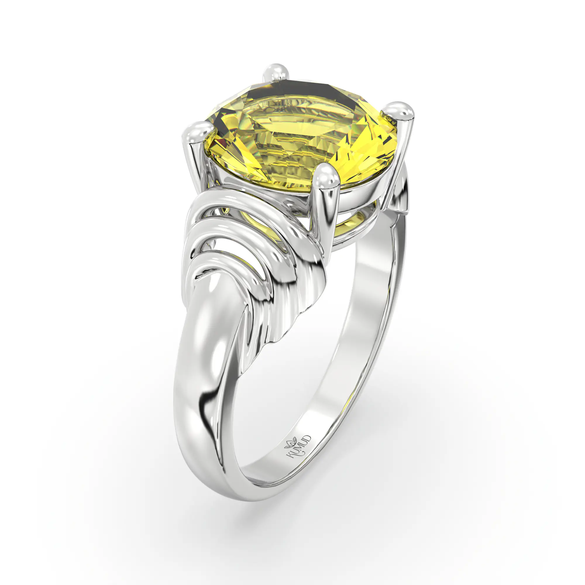 Yellow Sapphire (Pukhraj) Ring for Women in 18K White Gold – Oval 9x8 mm, Prong Setting, 6 g (Design K17A-25) thumbnail