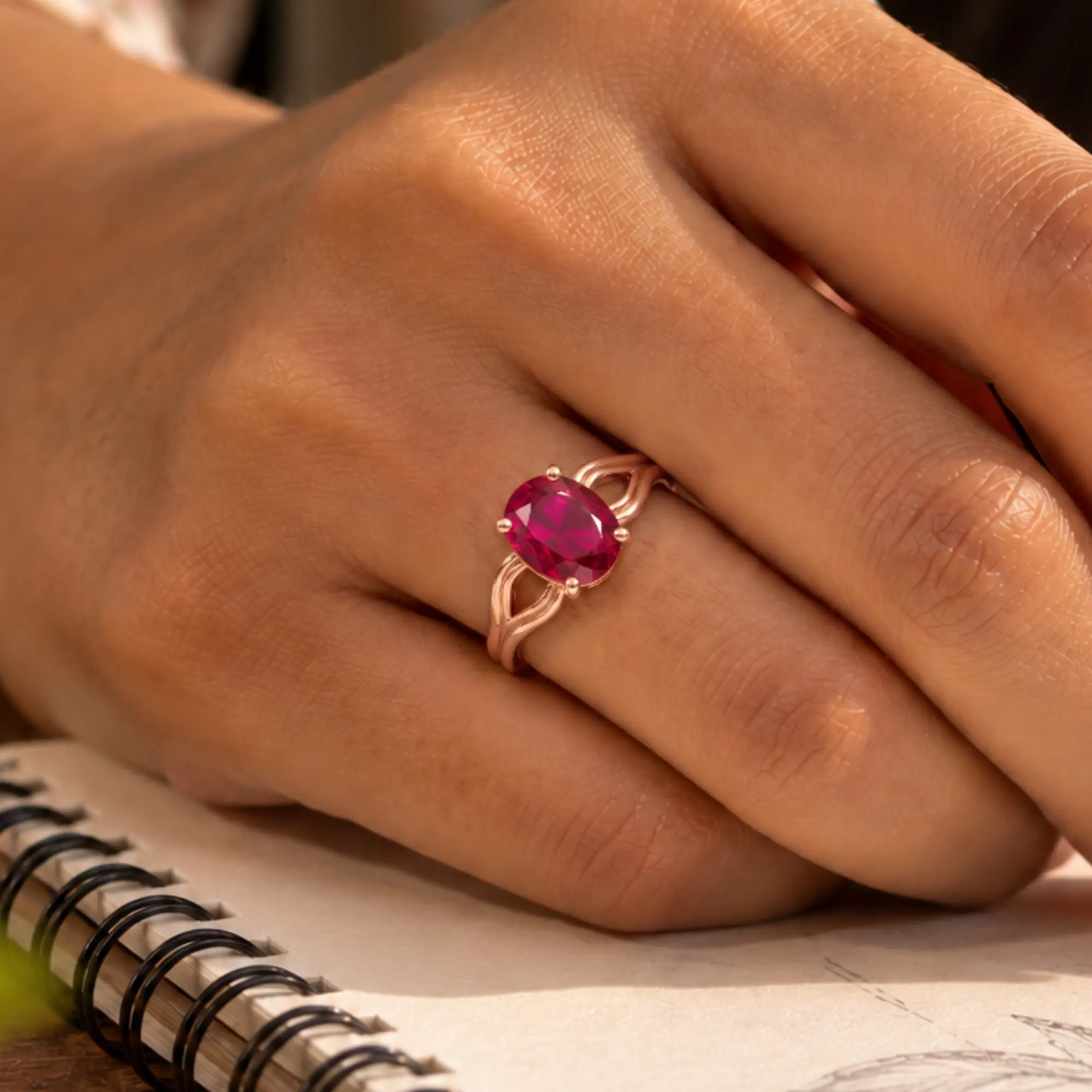 Ruby (Manik) Ring for Women in 18K Rose Gold – Oval 9x8 mm, Prong Setting, 4 g (Design K17A-28) thumbnail