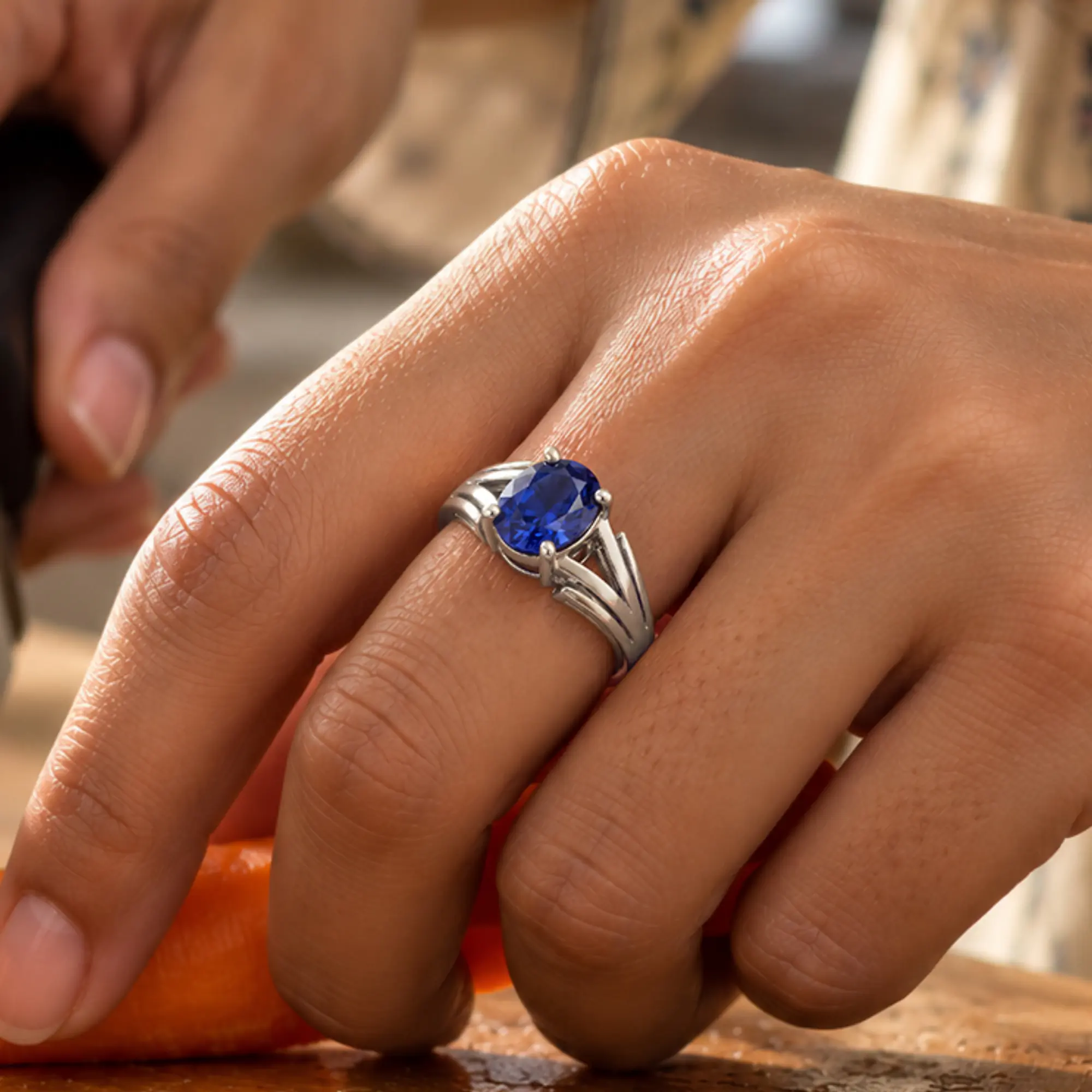 Blue Sapphire (Neelam) Ring for Women in 18K White Gold – Oval 9x8 mm, Prong Setting, 4 g (Design K17A-33) thumbnail