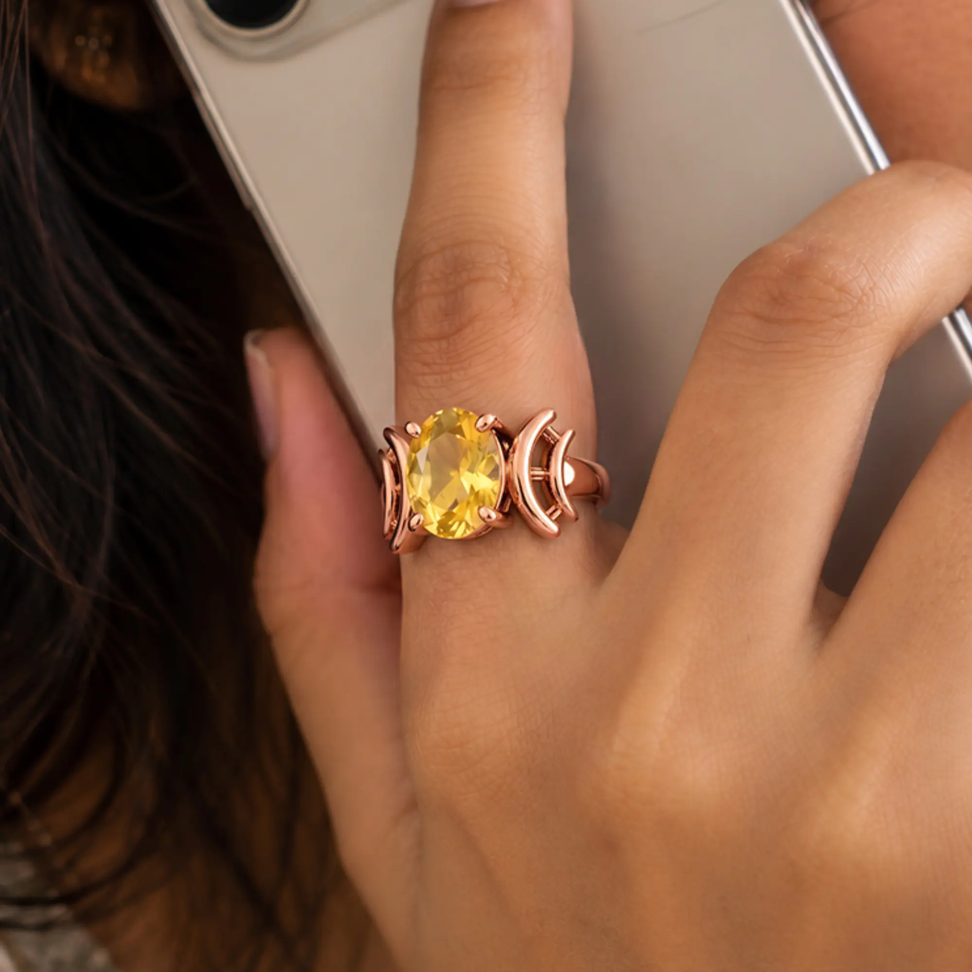 Yellow Sapphire (Pukhraj) Ring for Women in 18K Rose Gold – Oval 9x8 mm, Prong Setting, 6 g (Design K17A-35) thumbnail
