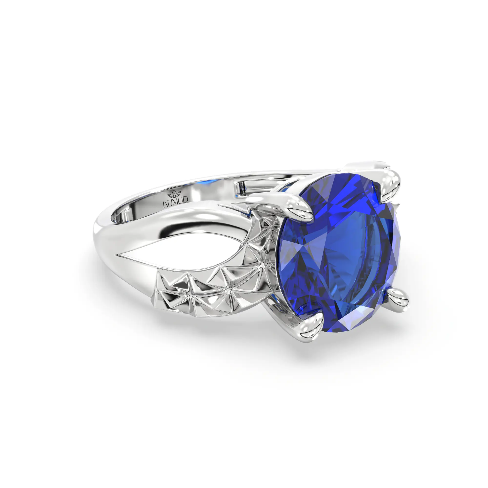 Blue Sapphire (Neelam) Ring for Women in 18K White Gold – Oval 9x8 mm, Prong Setting, 4 g (Design K17A-36) thumbnail