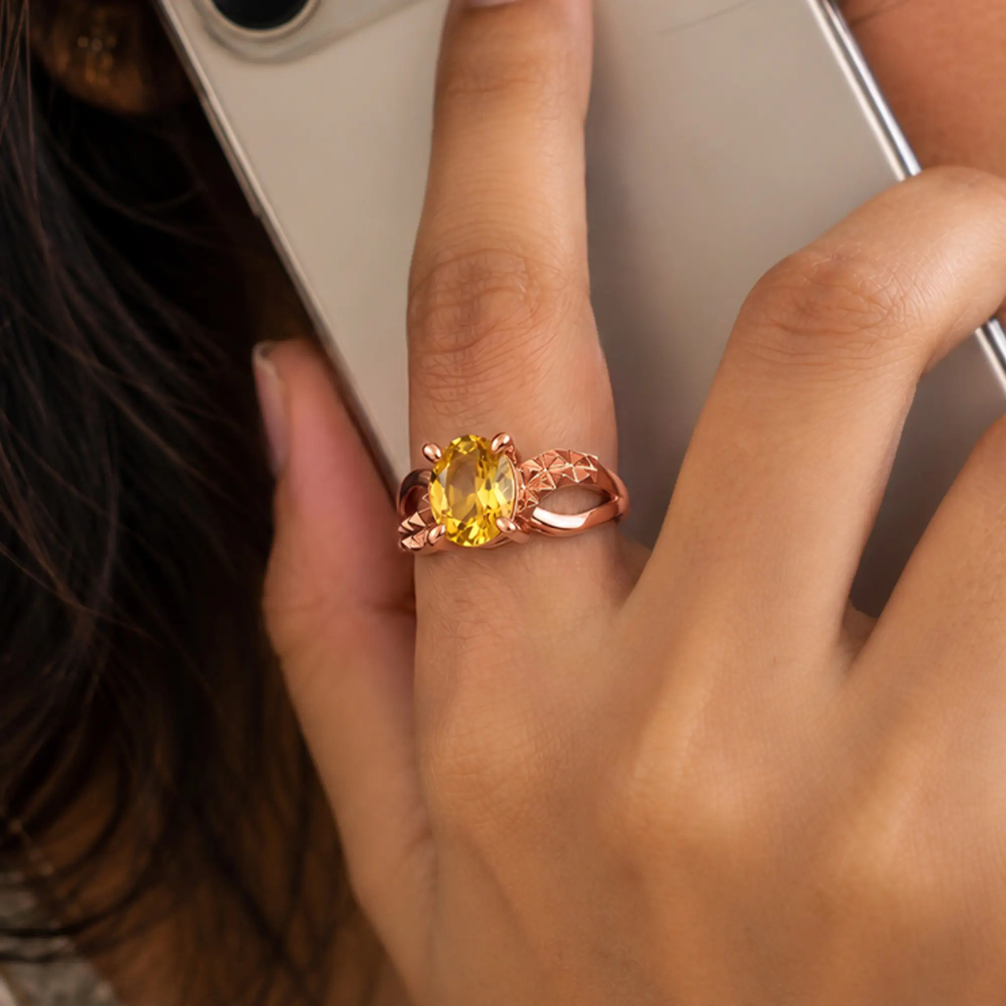 Yellow Sapphire (Pukhraj) Ring for Women in 18K Rose Gold – Oval 9x8 mm, Prong Setting, 4 g (Design K17A-36) thumbnail