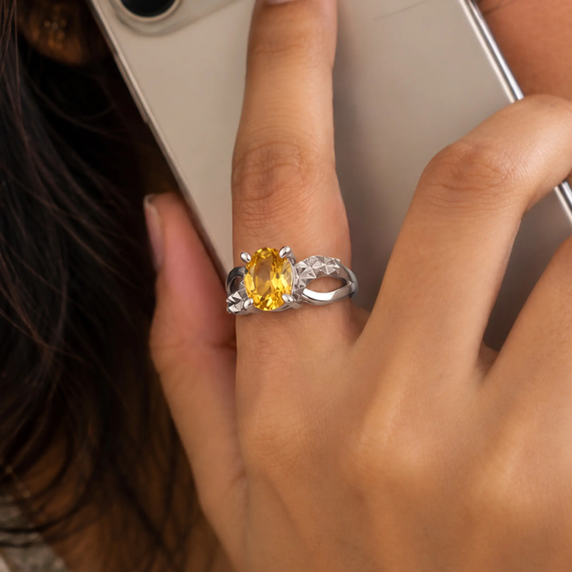 Yellow Sapphire (Pukhraj) Ring for Women in 18K White Gold – Oval 9x8 mm, Prong Setting, 4 g (Design K17A-36) thumbnail