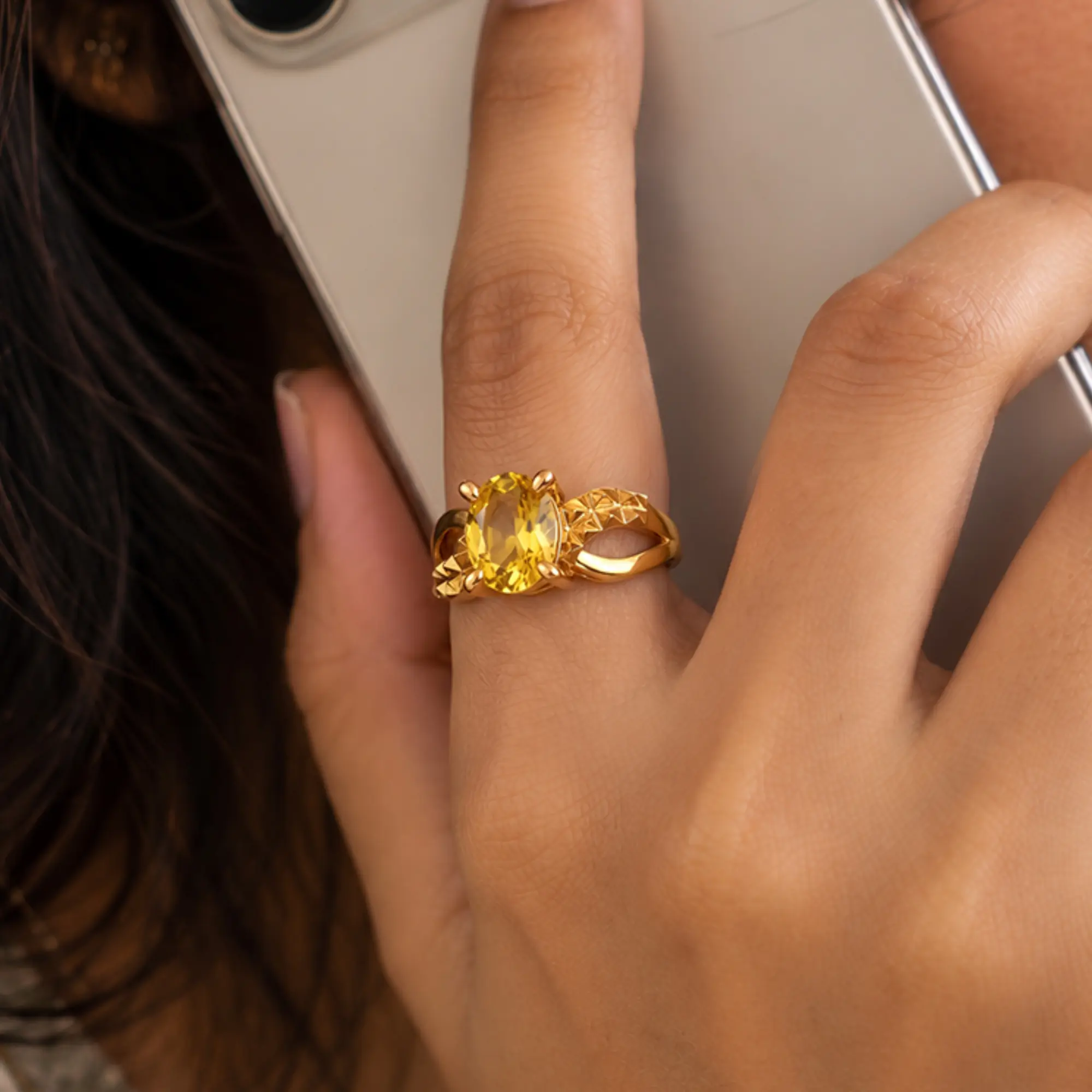 Yellow Sapphire (Pukhraj) Ring for Women in 22K Yellow Gold – Oval 9x8 mm, Prong Setting, 4 g (Design K17A-36) thumbnail