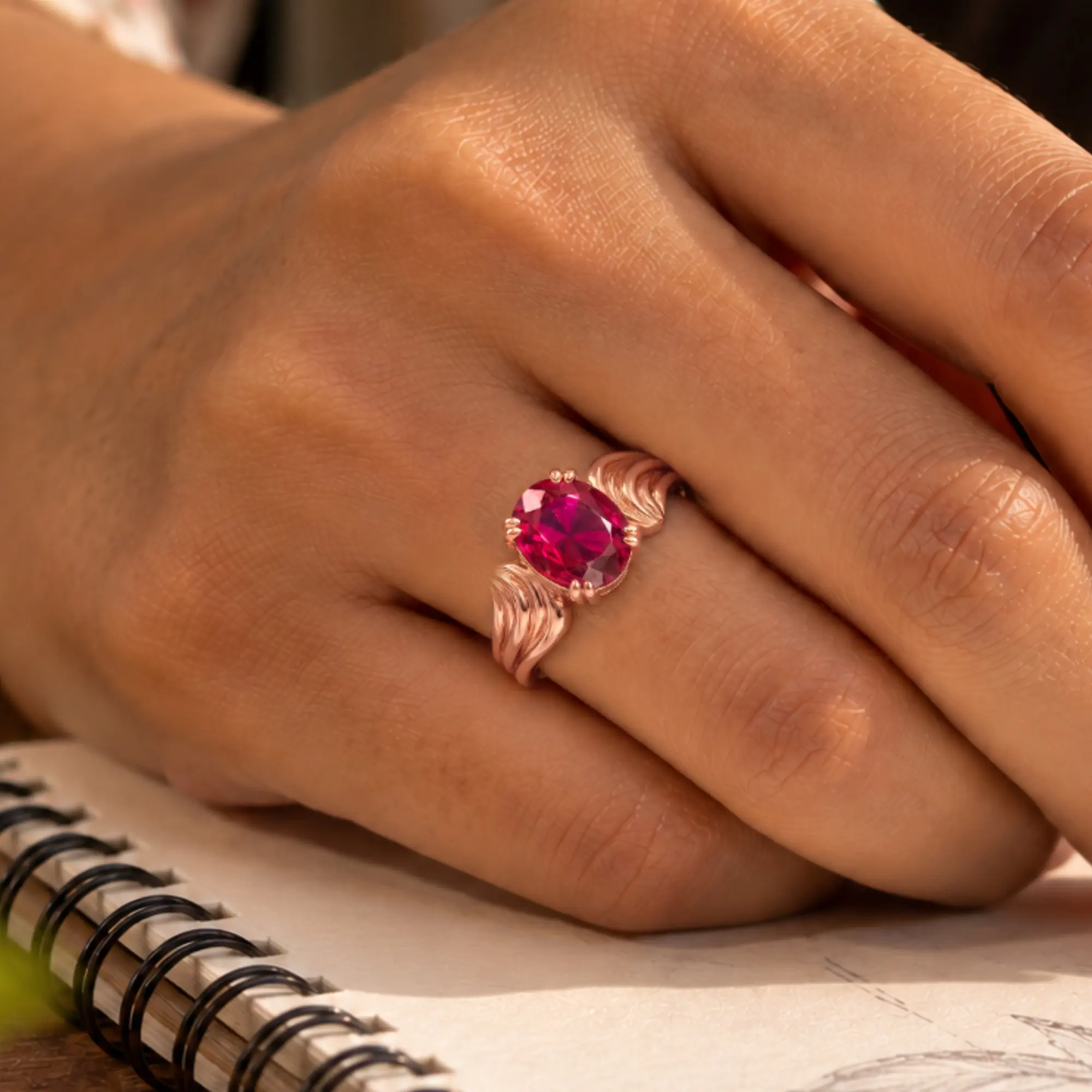 Ruby (Manik) Ring for Women in 18K Rose Gold – Oval 9x8 mm, Prong Setting, 5 g (Design K17A-37) thumbnail