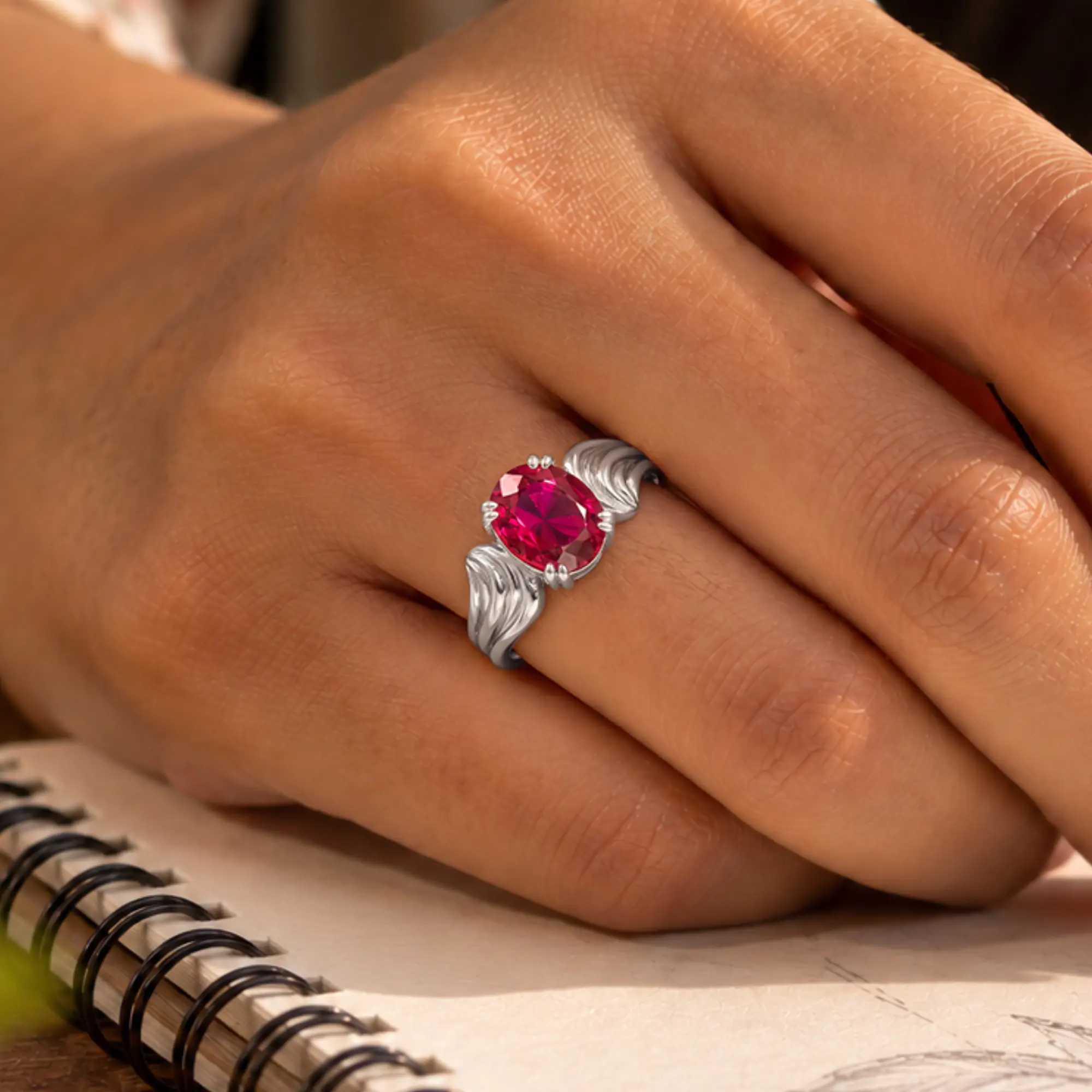 Ruby (Manik) Ring for Women in 18K White Gold – Oval 9x8 mm, Prong Setting, 5 g (Design K17A-37) thumbnail