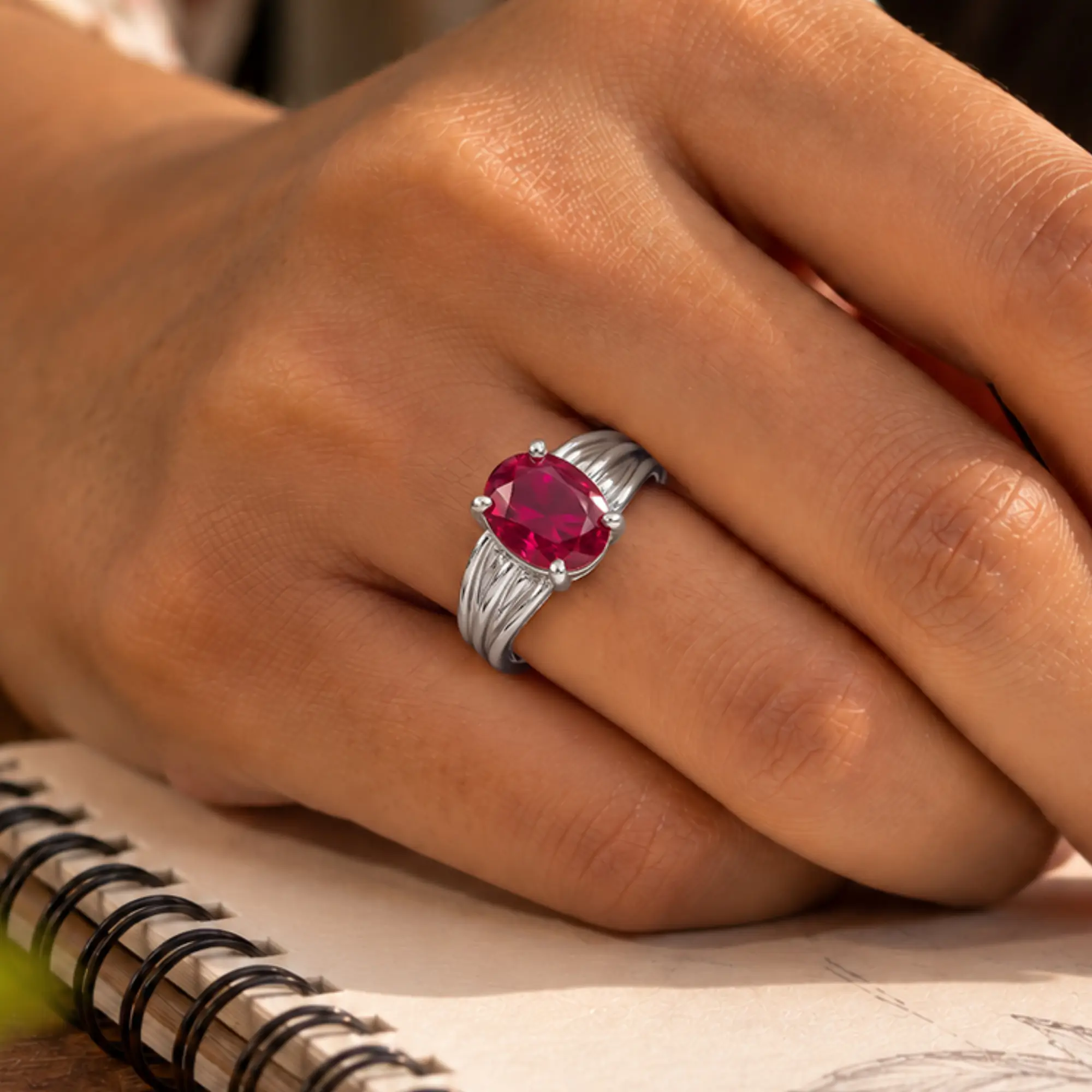 Ruby (Manik) Ring for Women in 18K White Gold – Oval 9x8 mm, Prong Setting, 5 g (Design K17A-39) thumbnail