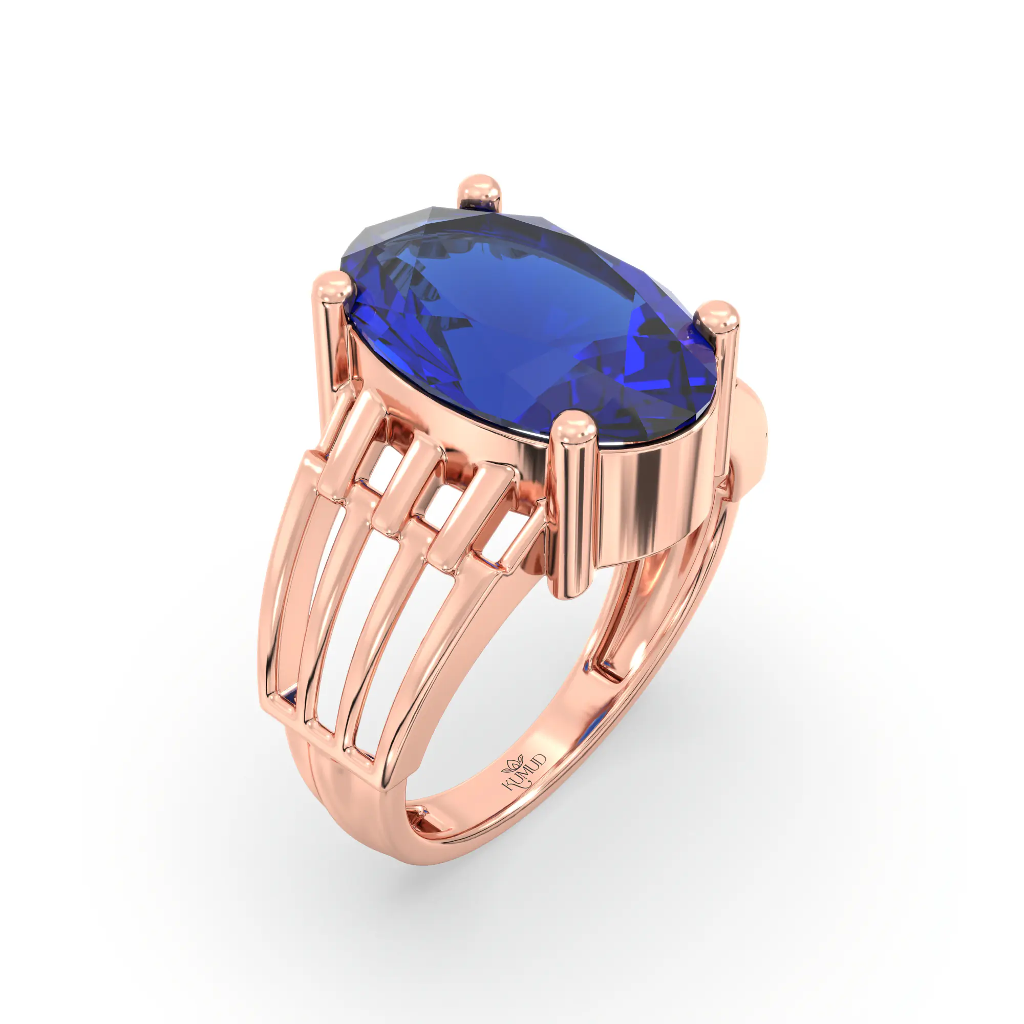 Blue Sapphire (Neelam) Ring for Women in 18K Rose Gold – Oval 13x8 mm, Prong Setting, 5 g (Design K17B-1) thumbnail