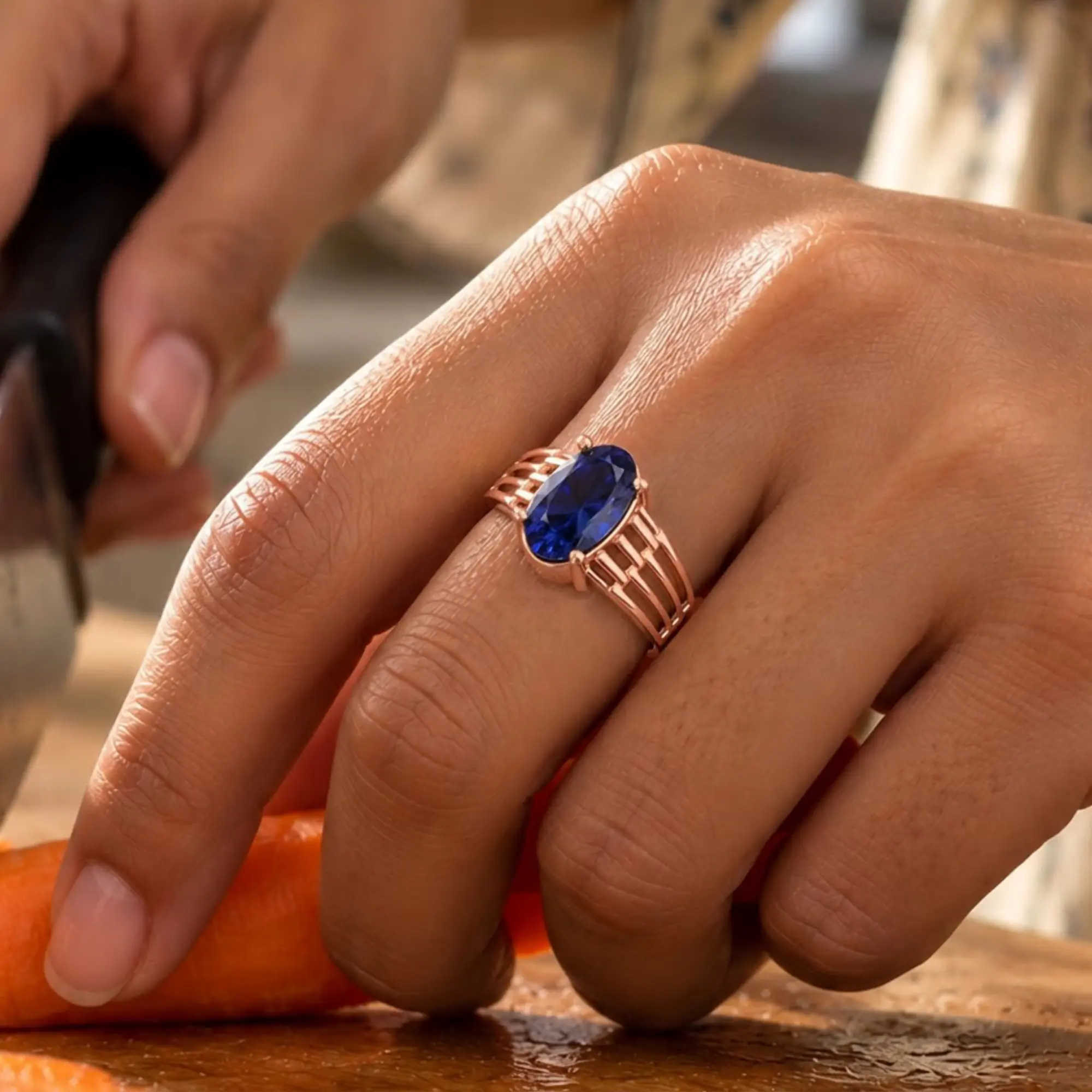 Blue Sapphire (Neelam) Ring for Women in 18K Rose Gold – Oval 13x8 mm, Prong Setting, 5 g (Design K17B-1) thumbnail