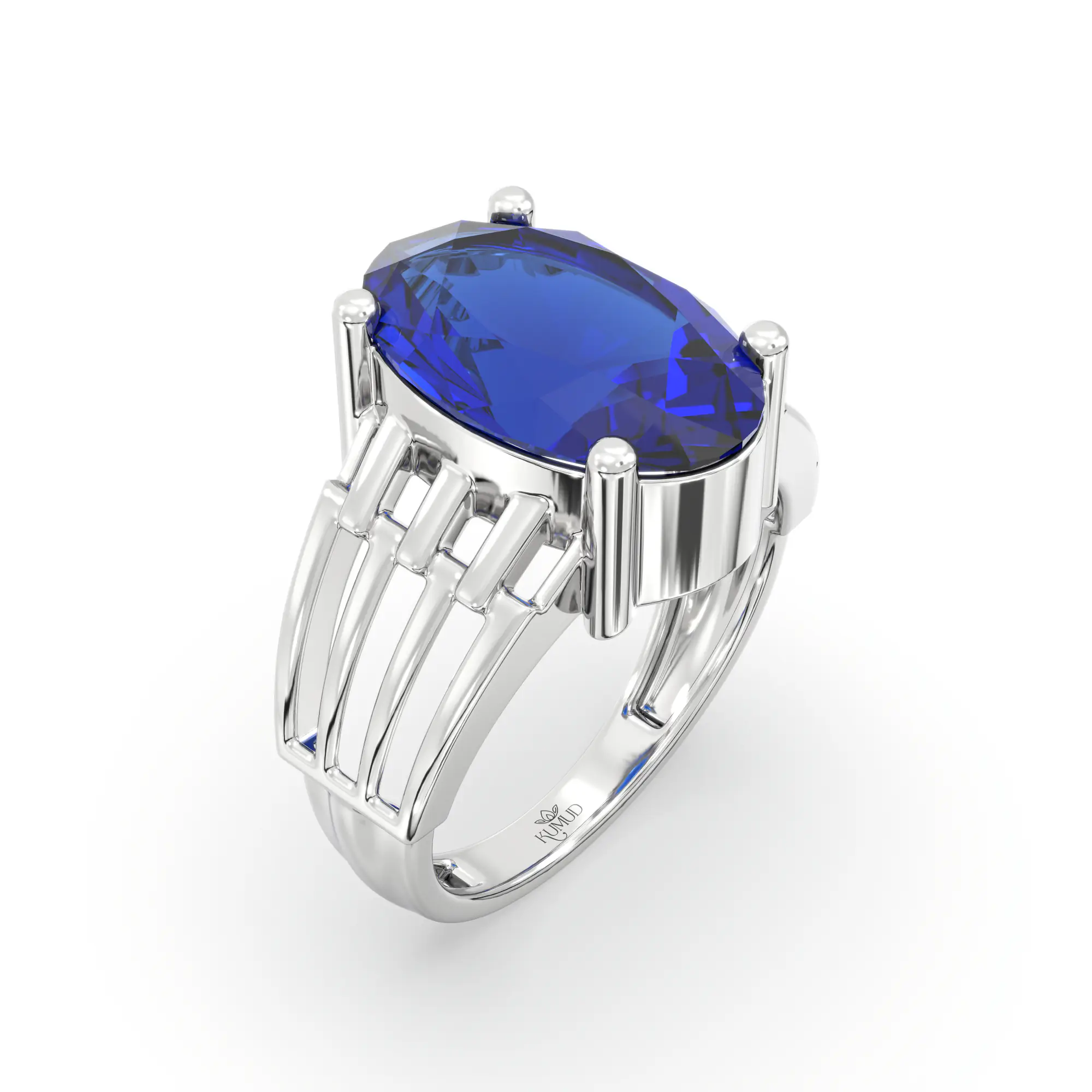 Blue Sapphire (Neelam) Ring for Women in 18K White Gold – Oval 13x8 mm, Prong Setting, 5 g (Design K17B-1) thumbnail