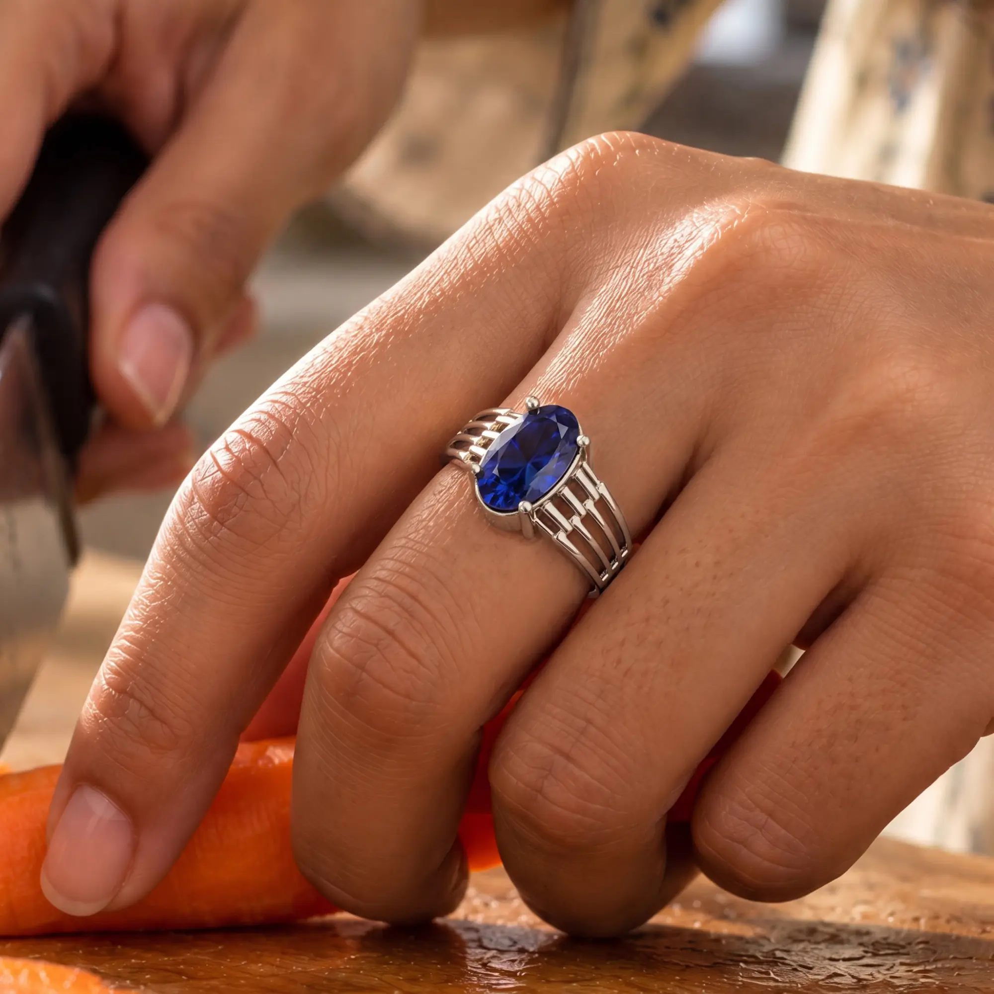 Blue Sapphire (Neelam) Ring for Women in 18K White Gold – Oval 13x8 mm, Prong Setting, 5 g (Design K17B-1) thumbnail