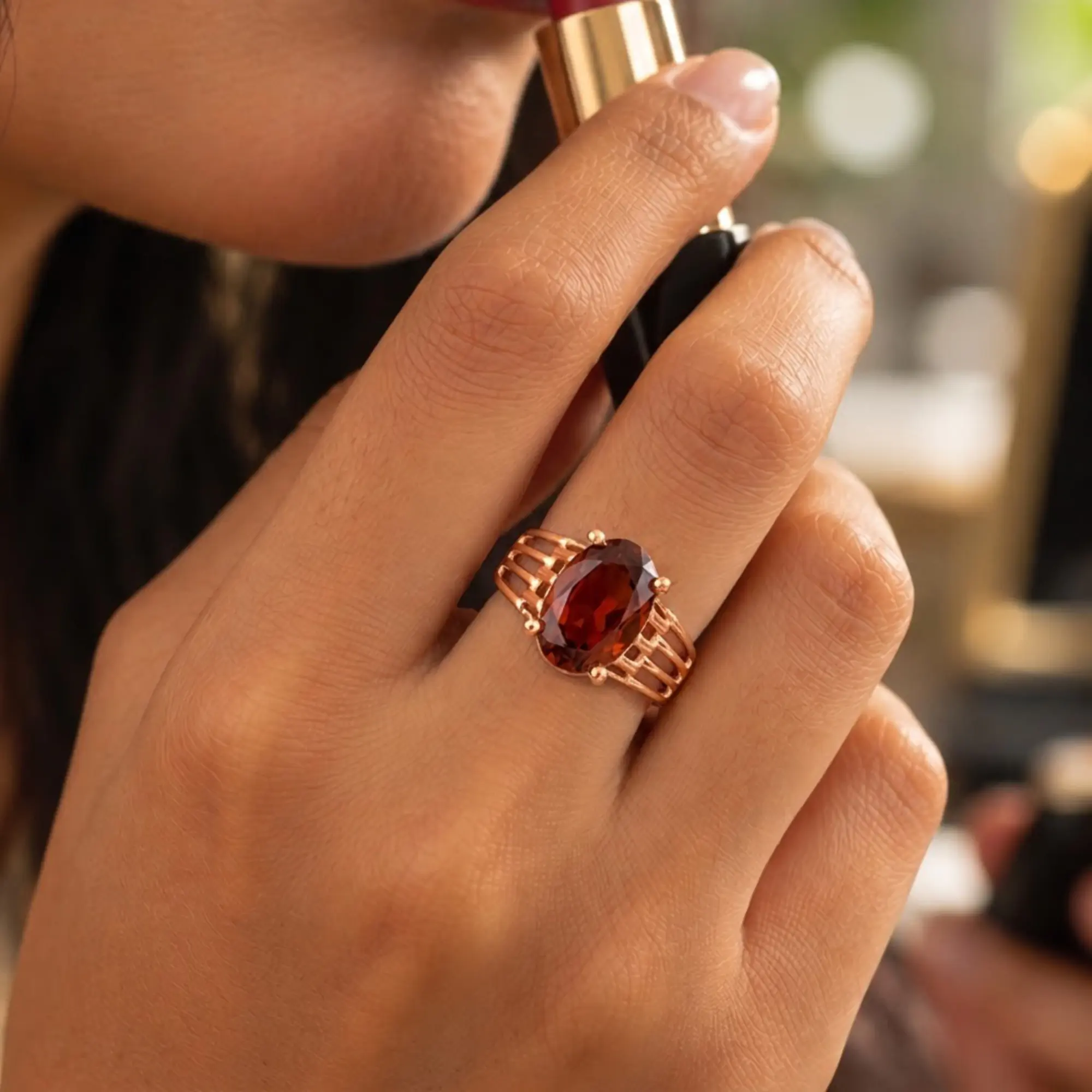 Hessonite (Gomed) Ring for Women in 18K Rose Gold – Oval 13x8 mm, Prong Setting, 5 g (Design K17B-1) thumbnail