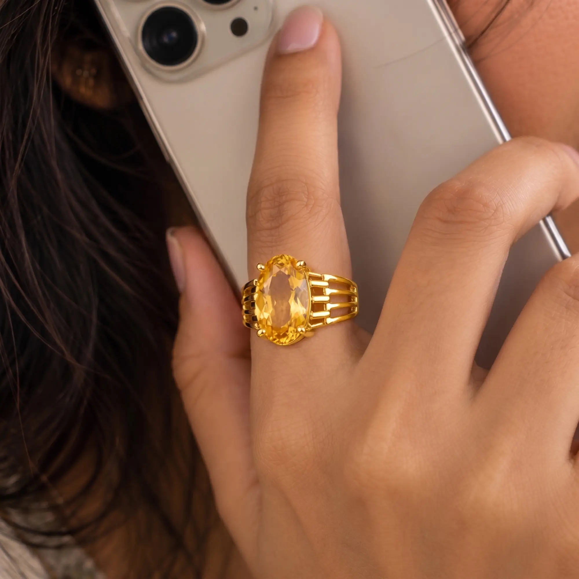 Yellow Sapphire (Pukhraj) Ring for Women in 22K Yellow Gold – Oval 13x8 mm, Prong Setting, 5 g (Design K17B-1) thumbnail