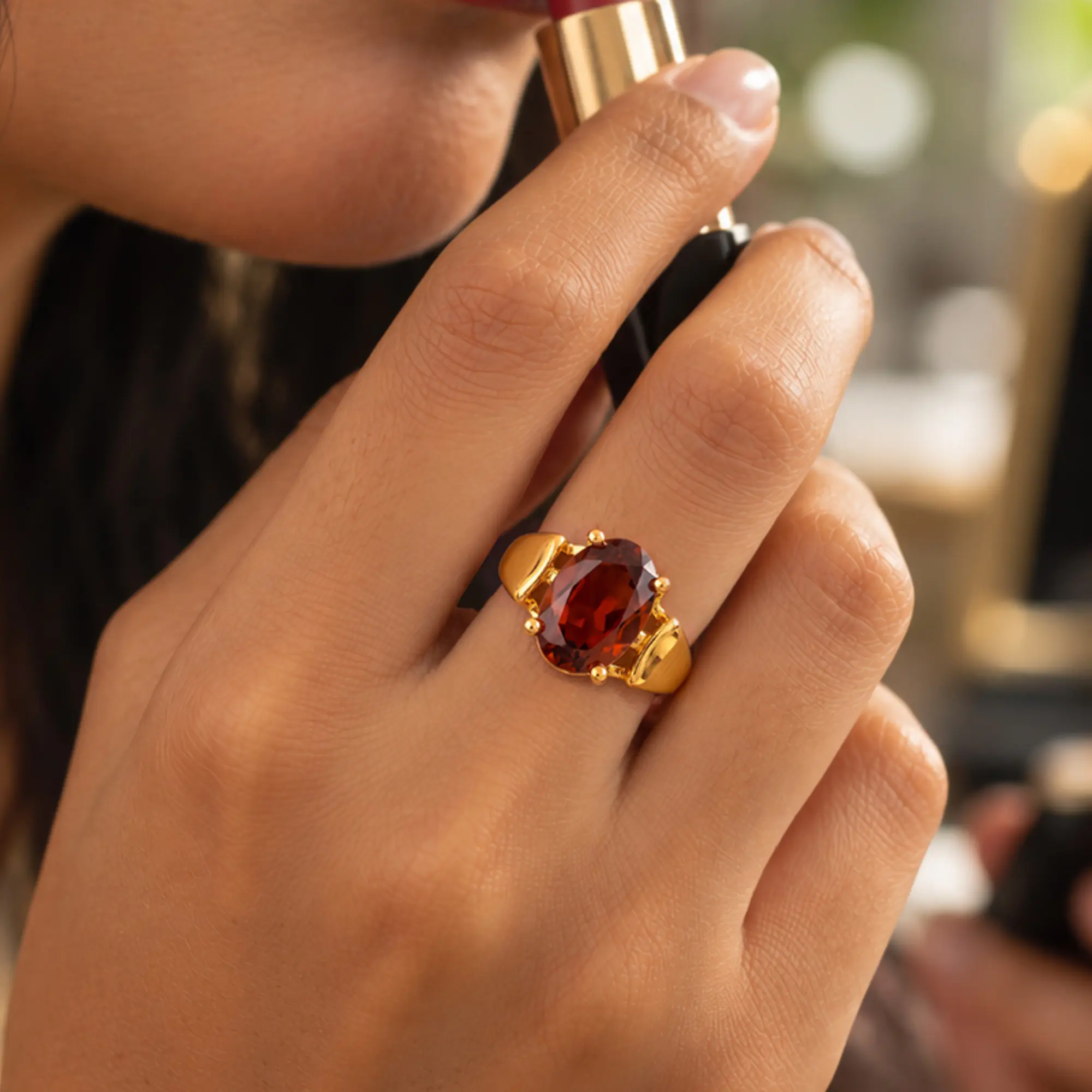 Hessonite (Gomed) Ring for Women in 22K Yellow Gold – Oval 13x8 mm, Prong Setting, 7 g (Design K17B-2) thumbnail