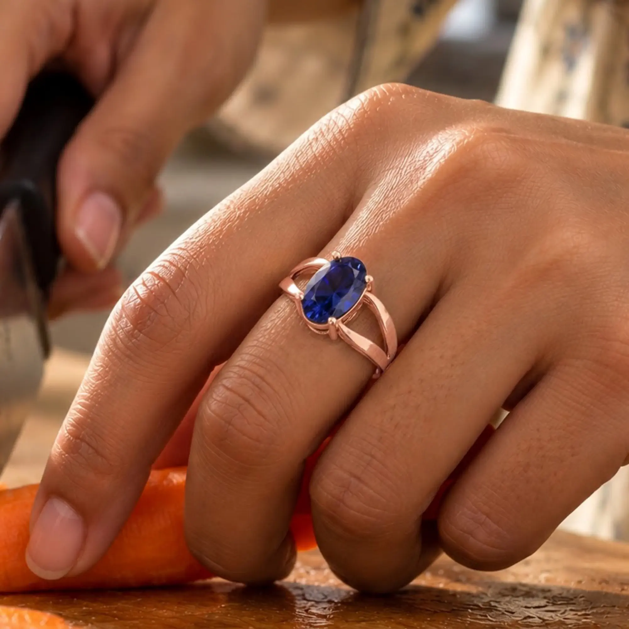 Blue Sapphire (Neelam) Ring for Women in 18K Rose Gold – Oval 13x8 mm, Prong Setting, 6 g (Design K17B-3) thumbnail
