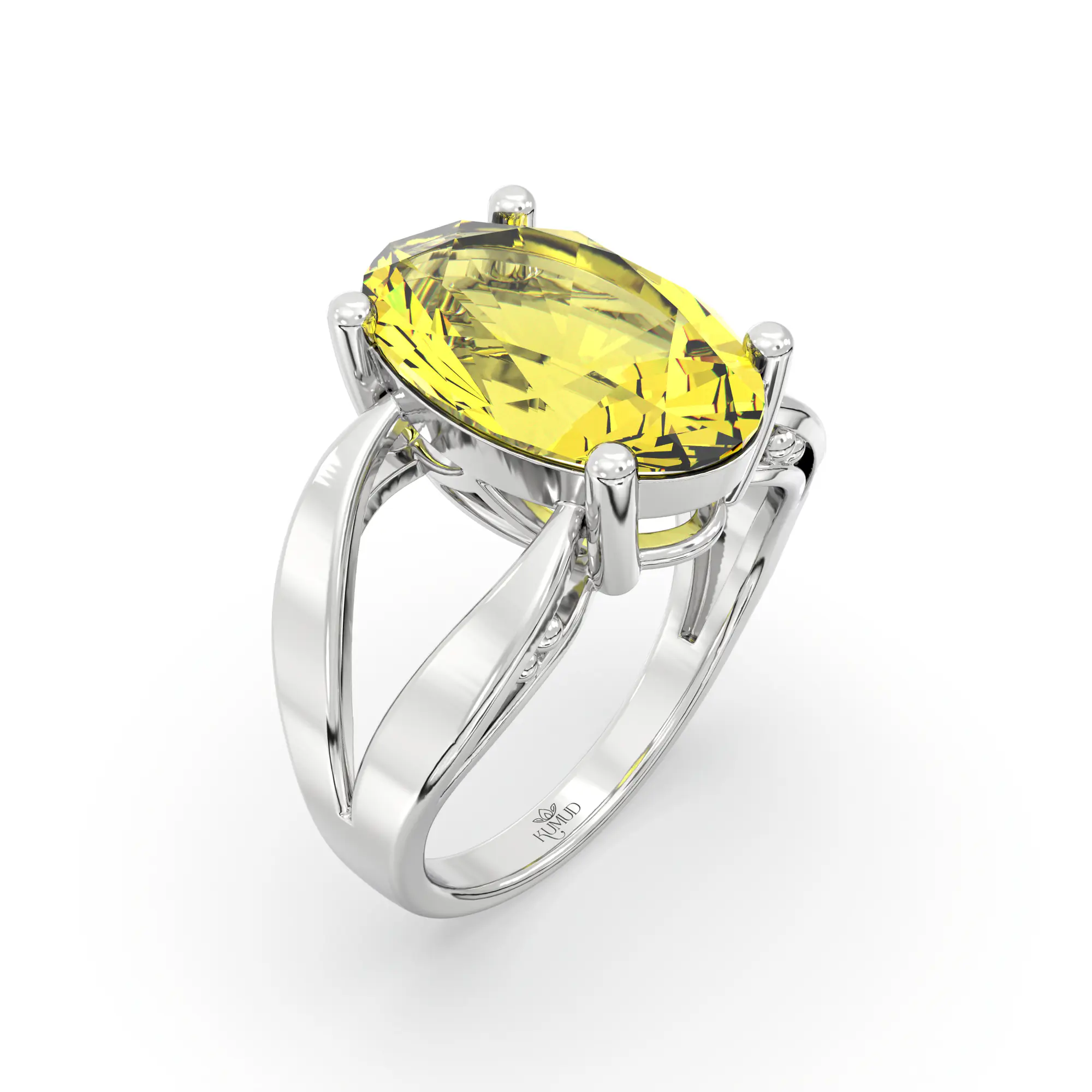 Yellow Sapphire (Pukhraj) Ring for Women in 18K White Gold – Oval 13x8 mm, Prong Setting, 6 g (Design K17B-3) thumbnail