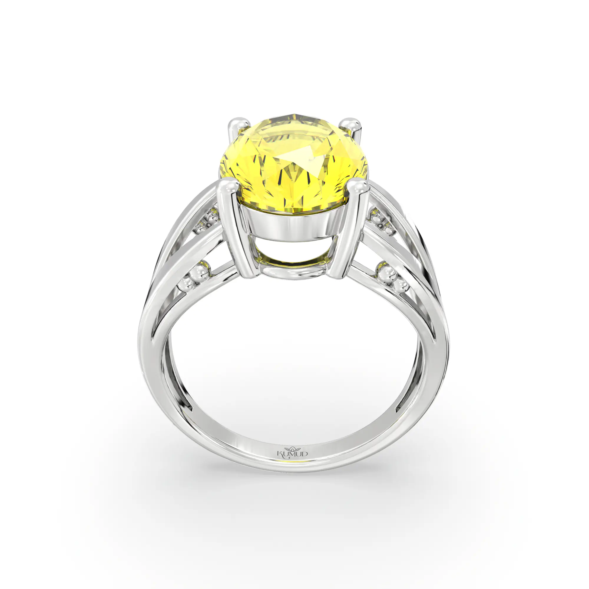 Yellow Sapphire (Pukhraj) Ring for Women in 18K White Gold – Oval 13x8 mm, Prong Setting, 6 g (Design K17B-3) thumbnail
