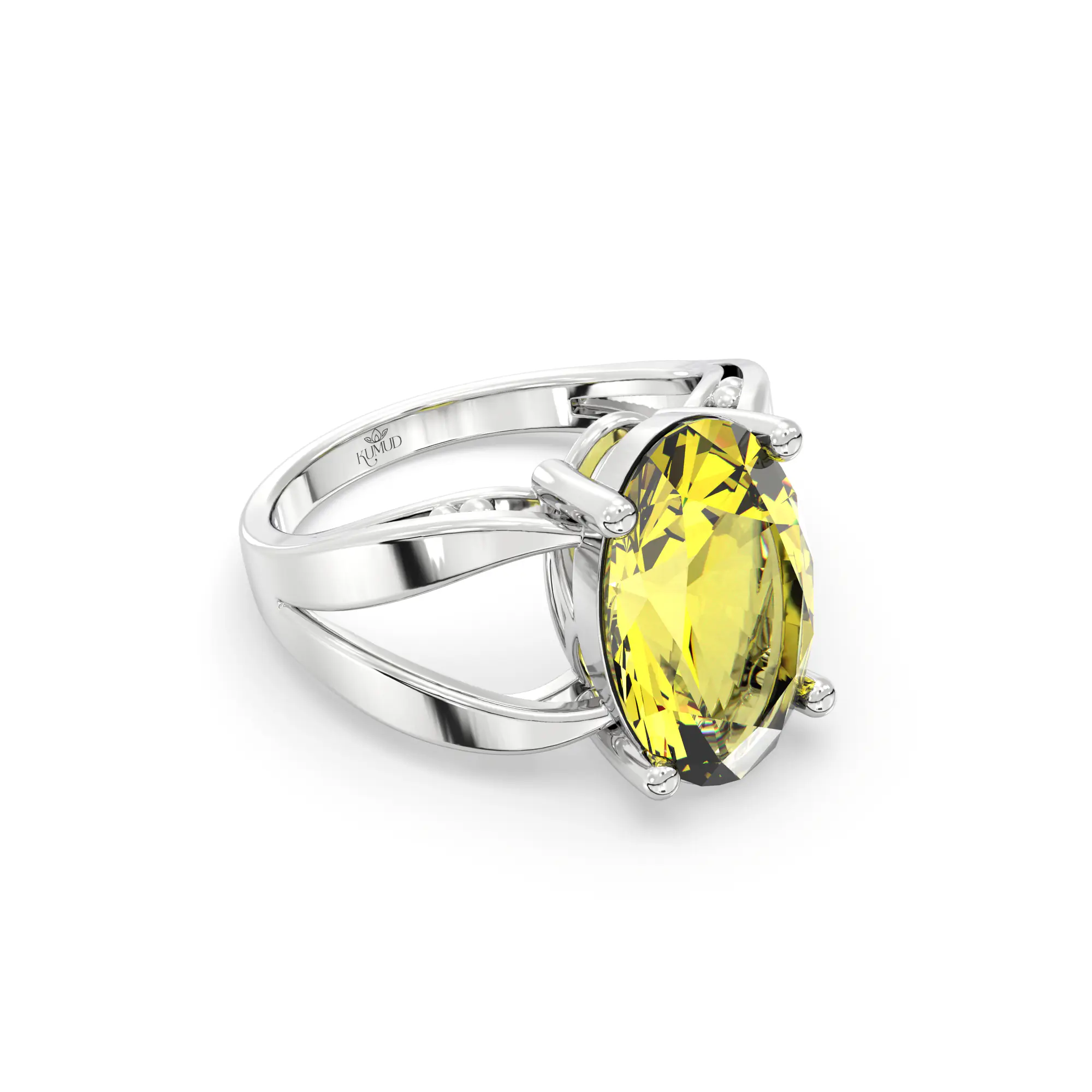 Yellow Sapphire (Pukhraj) Ring for Women in 18K White Gold – Oval 13x8 mm, Prong Setting, 6 g (Design K17B-3) thumbnail